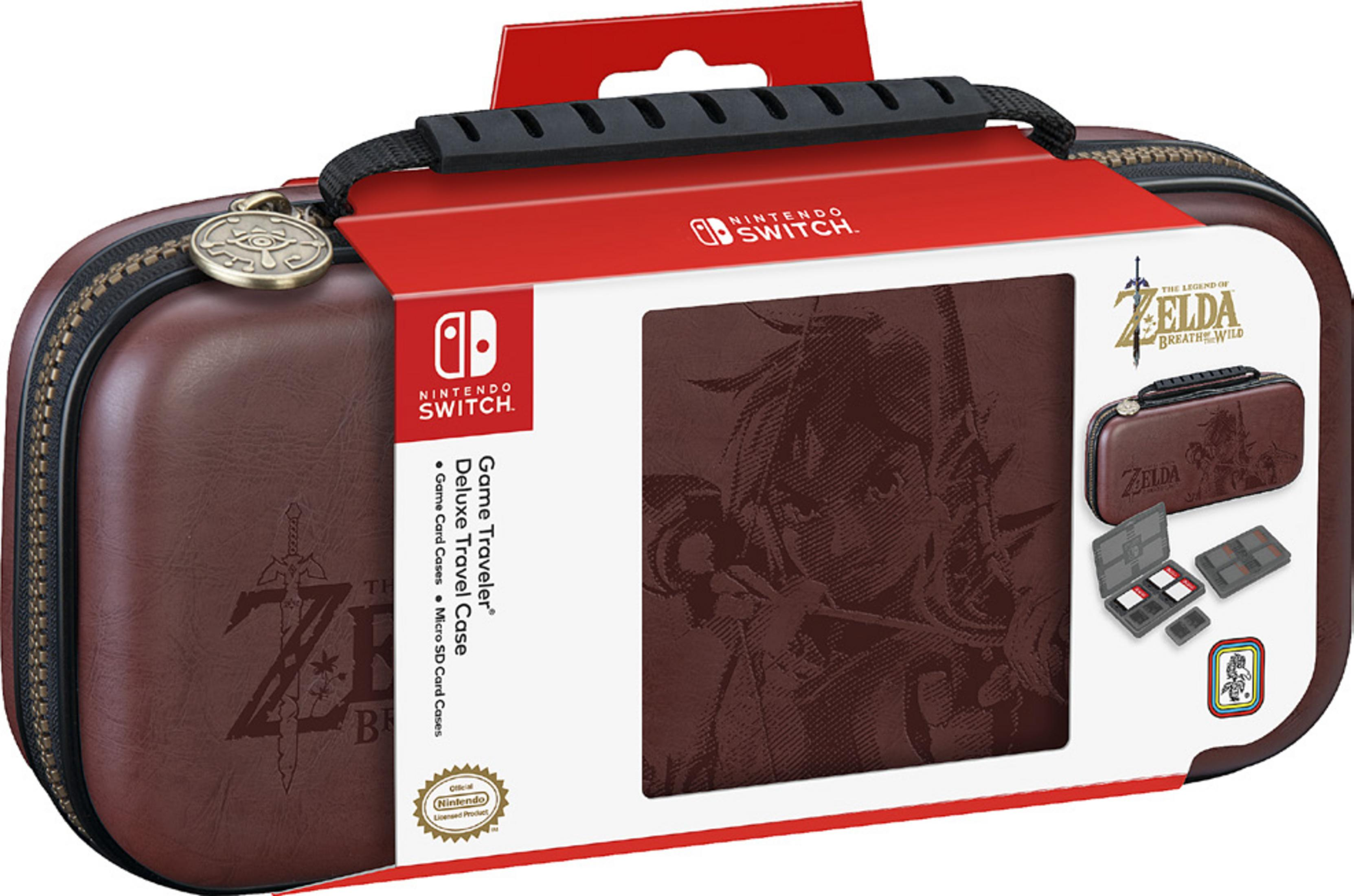 Braune Switch-Hülle mit Spieltitel-Box. Hülle und Box haben Zelda-Spiel-Thema.