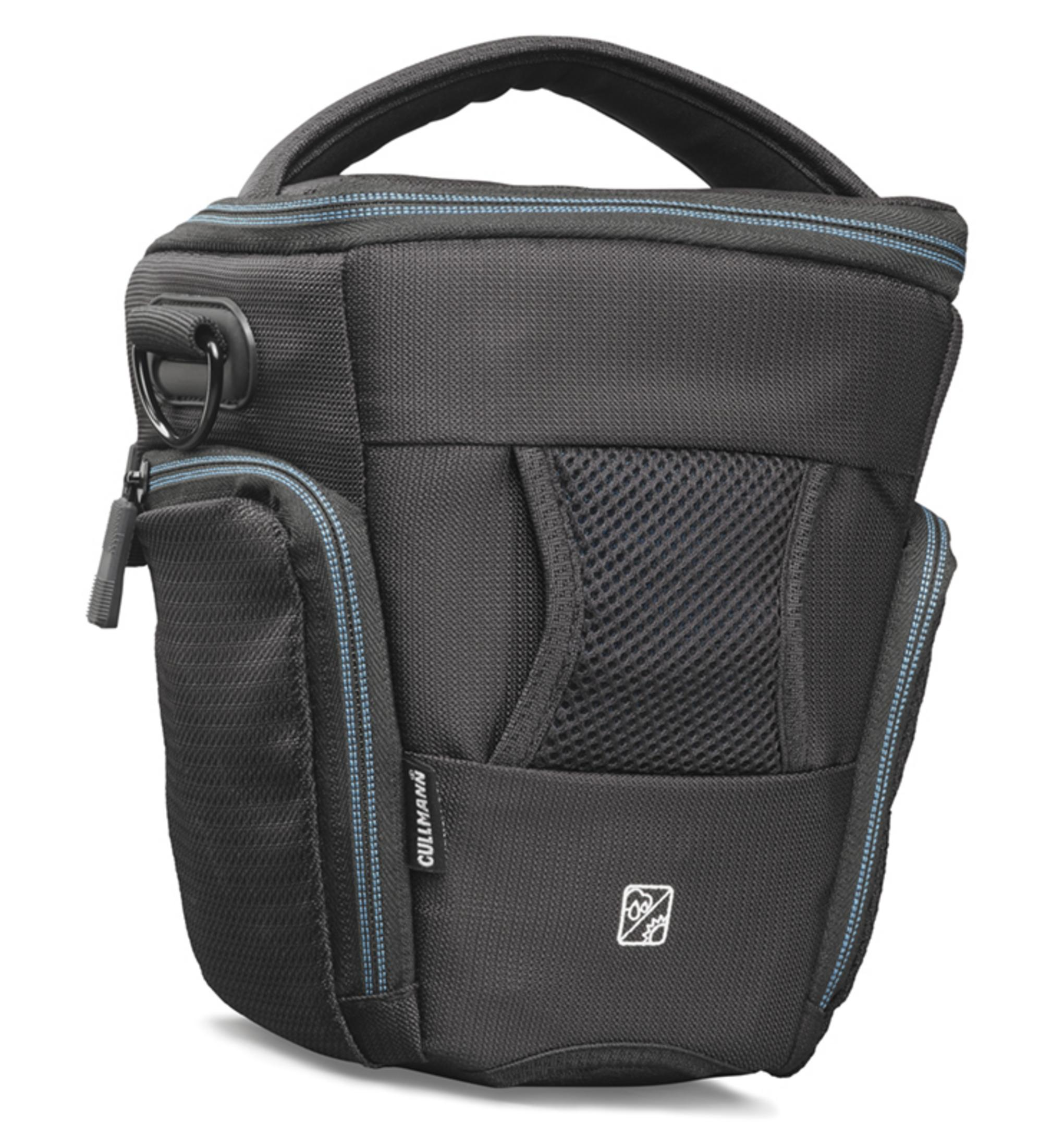 Schwarze Kameratasche mit Netztasche und blauen Zierleisten, mit Logo auf der Vorderseite.