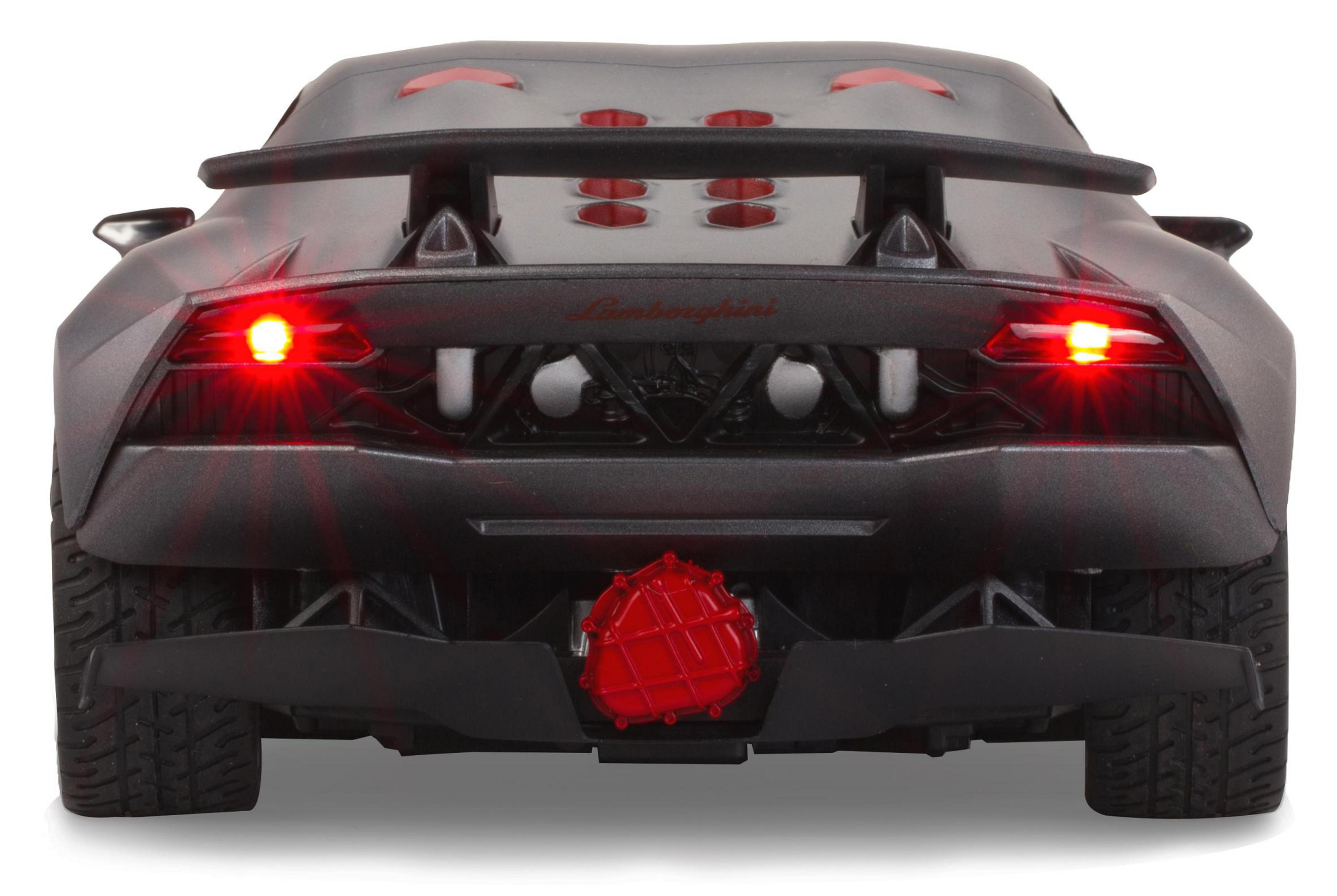 Schwarzes Spielzeugauto, Rückansicht mit roten Lichtern. Mit Lamborghini-Logo.