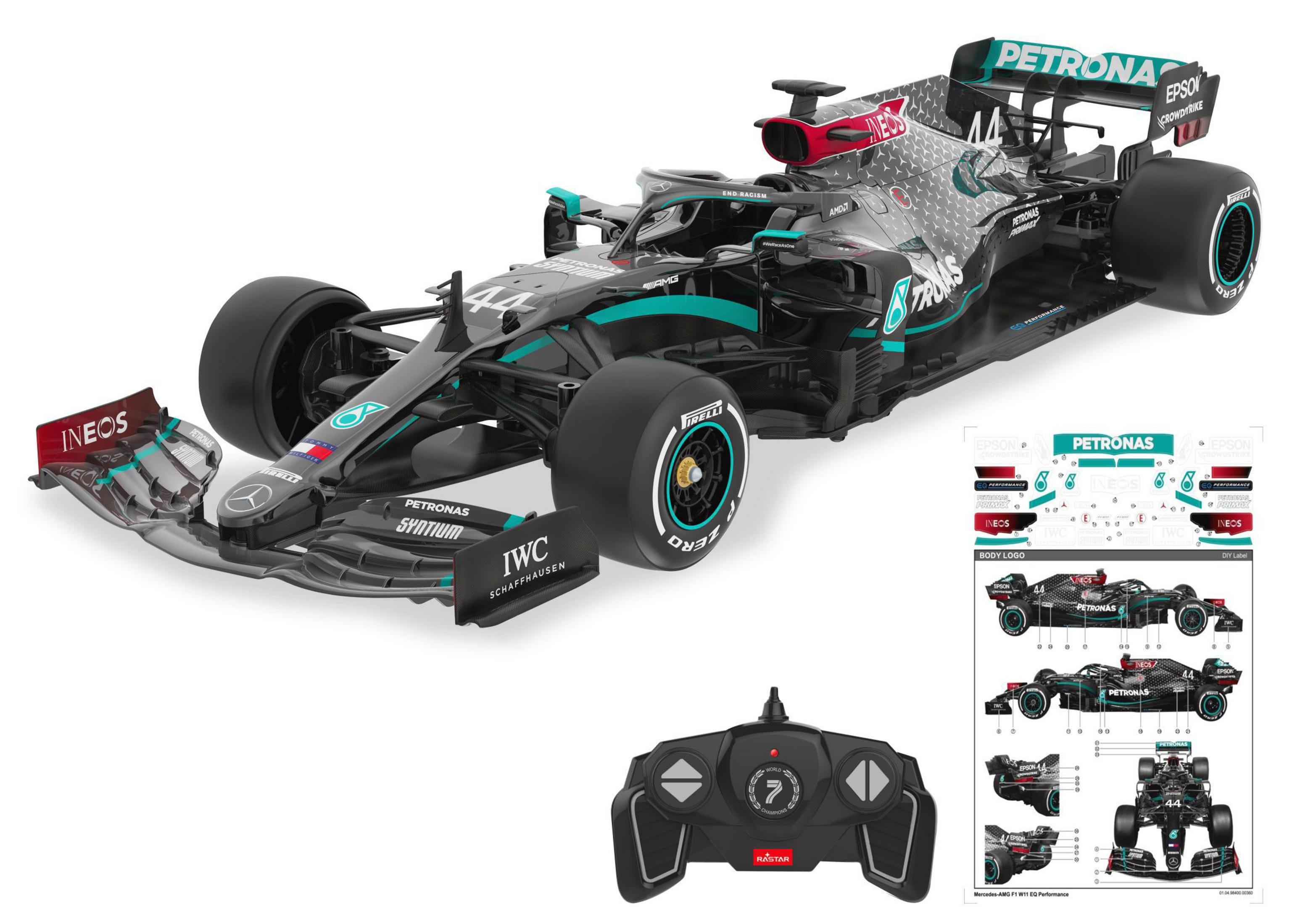 Ein Formel-1-Automodell mit Fernbedienung und ein Diagramm mit den Teilen des Autos.