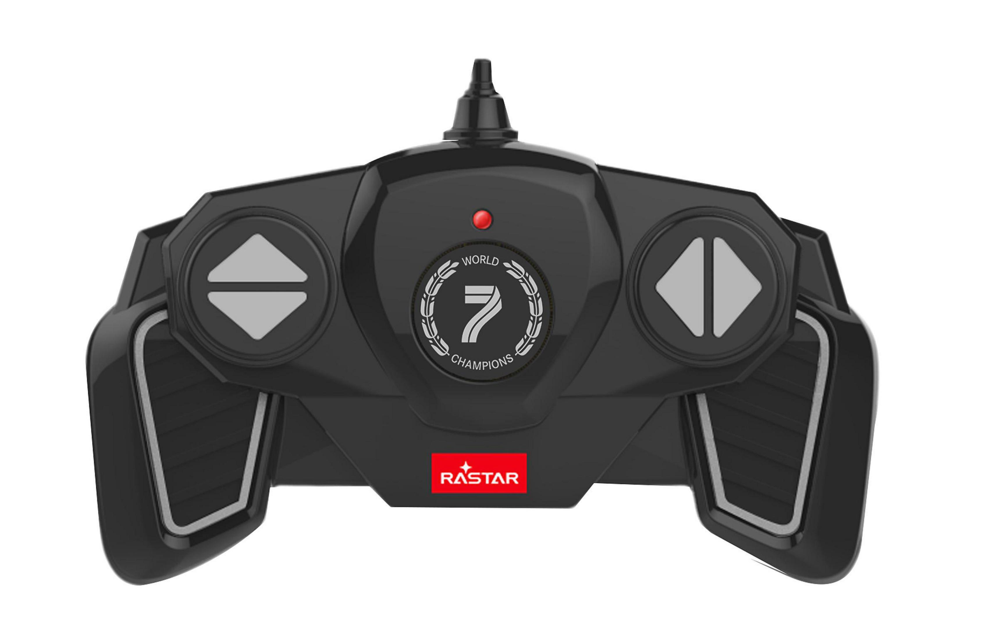Schwarze Fernbedienung für Spielzeugauto mit Pfeilen, Champion-Logo und Rastor-Markennamen.