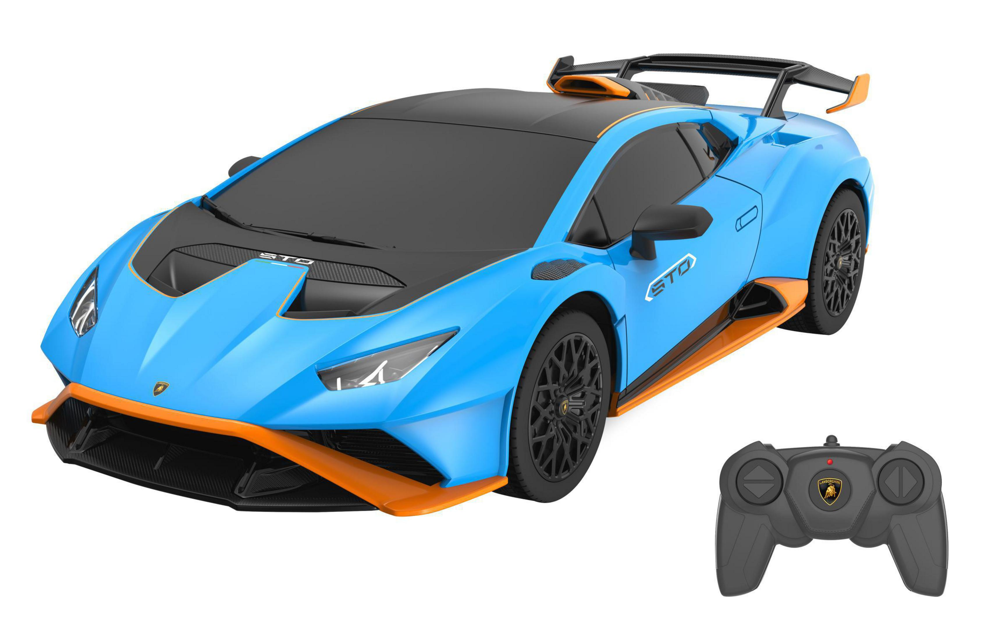 Blaues ferngesteuertes Spielzeugauto mit schwarzer Motorhaube und orangefarbenen Akzenten, Fernbedienung.