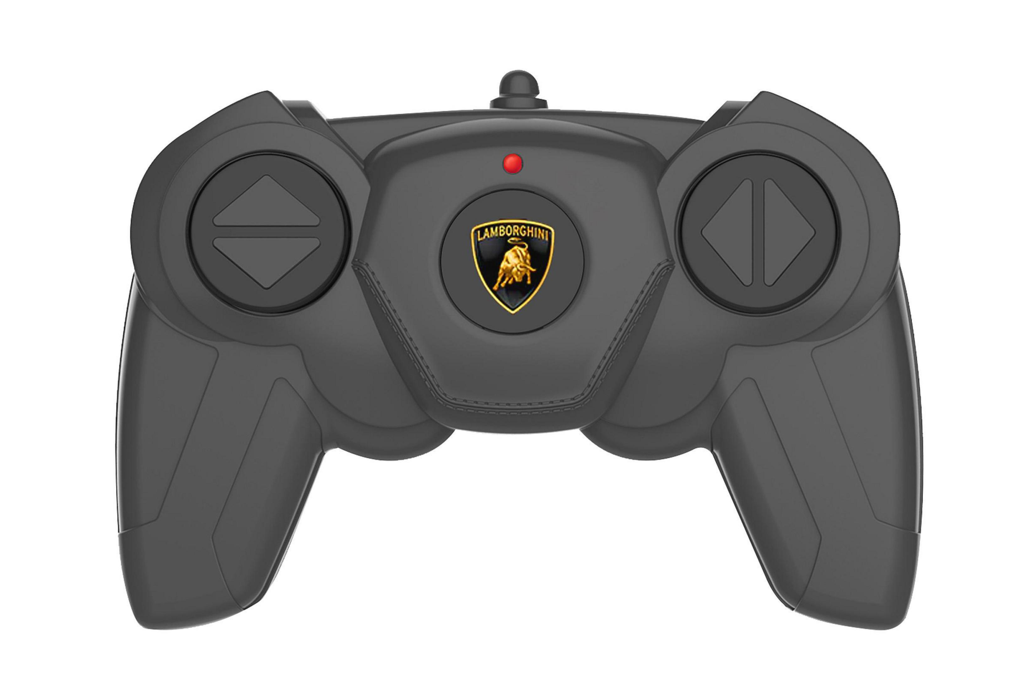 Graue Lamborghini-Fernbedienung mit Logo und Knöpfen.