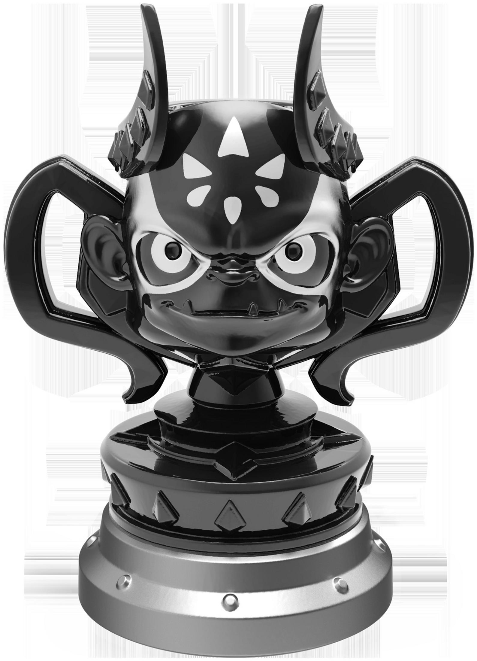 Schwarze Trophäe mit einem Cartoon-Affen-Gesicht und silberner Basis. Die Trophäe ist detailliert.