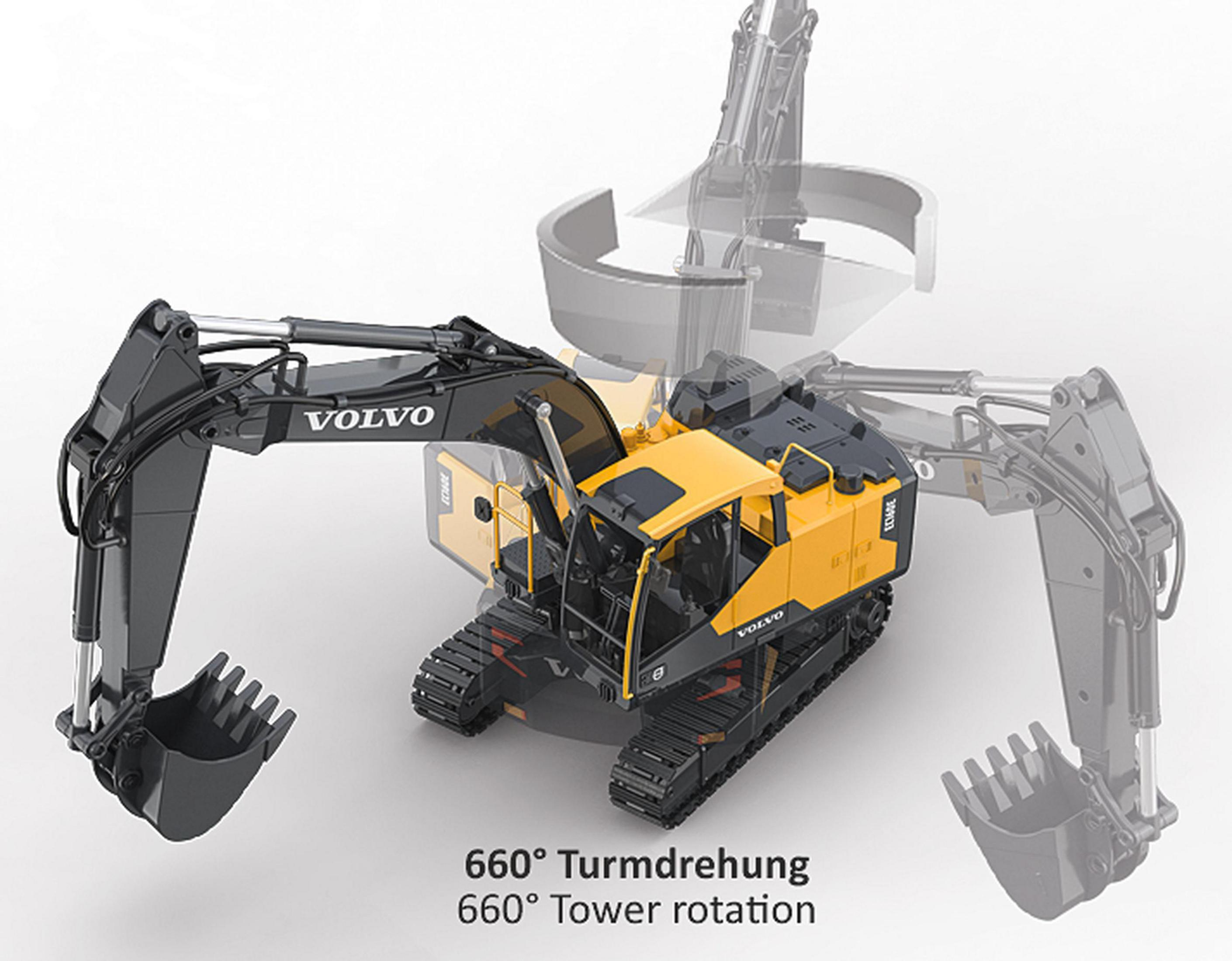 Gelb-schwarzer Bagger mit rotierenden Armen, Text sagt 660° Turmdrehung.