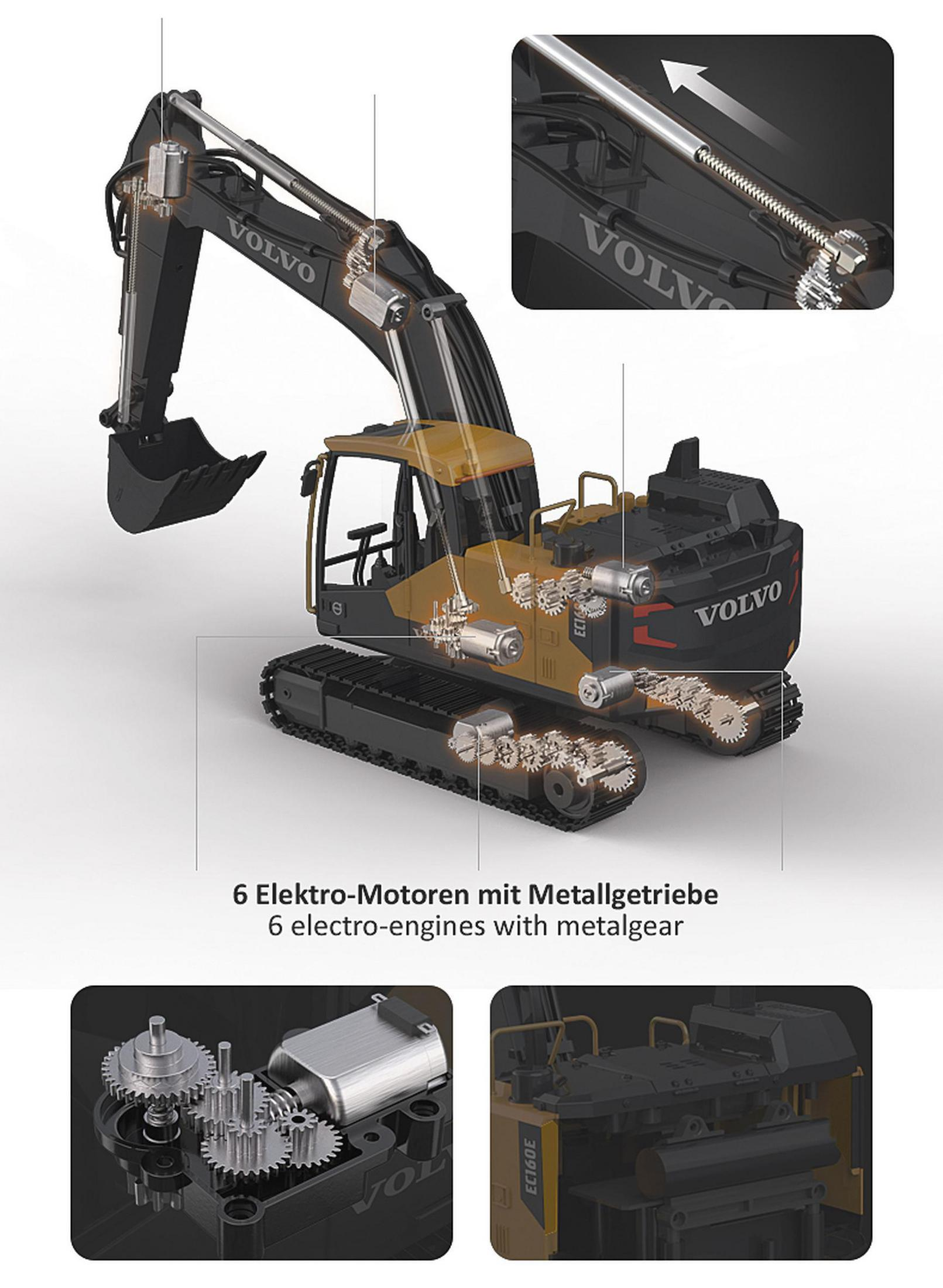 Spielzeugbagger mit hervorgehobenen Teilen und detaillierten mechanischen Komponenten.