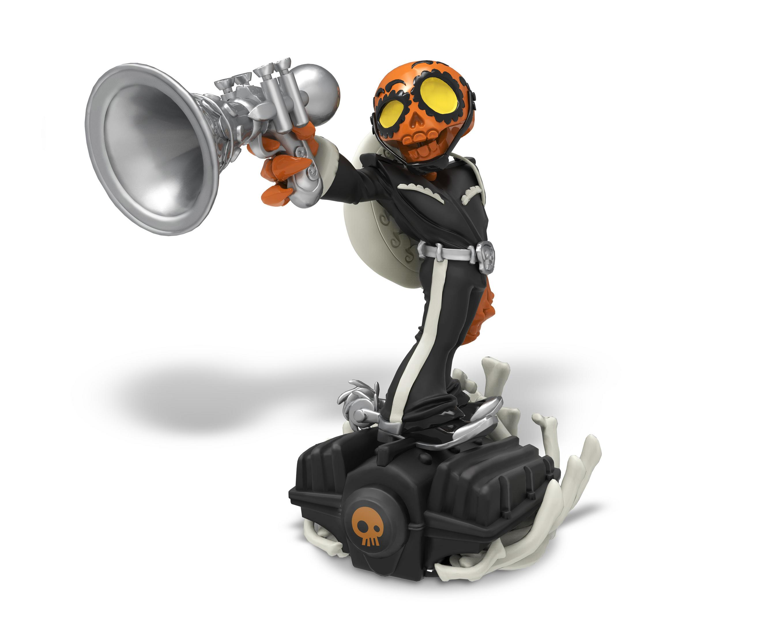 Skylander-Figur mit silbernem Horn. Skelettfigur mit orangefarbenem Kopf.