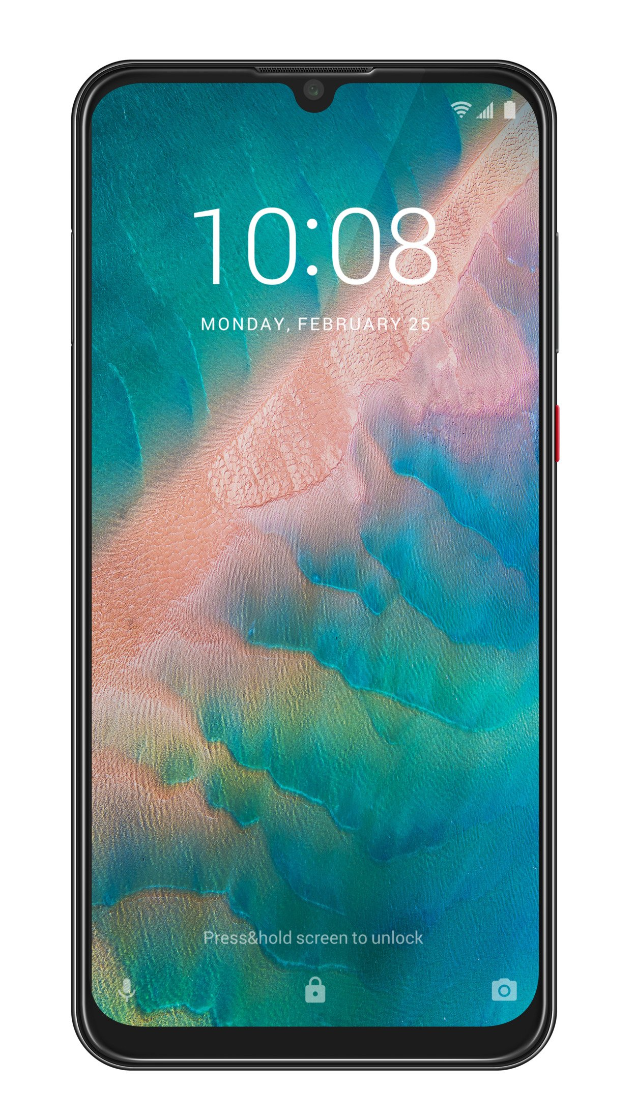 Smartphone-Bildschirm zeigt Uhrzeit und Datum auf einem farbenfrohen Hintergrund.