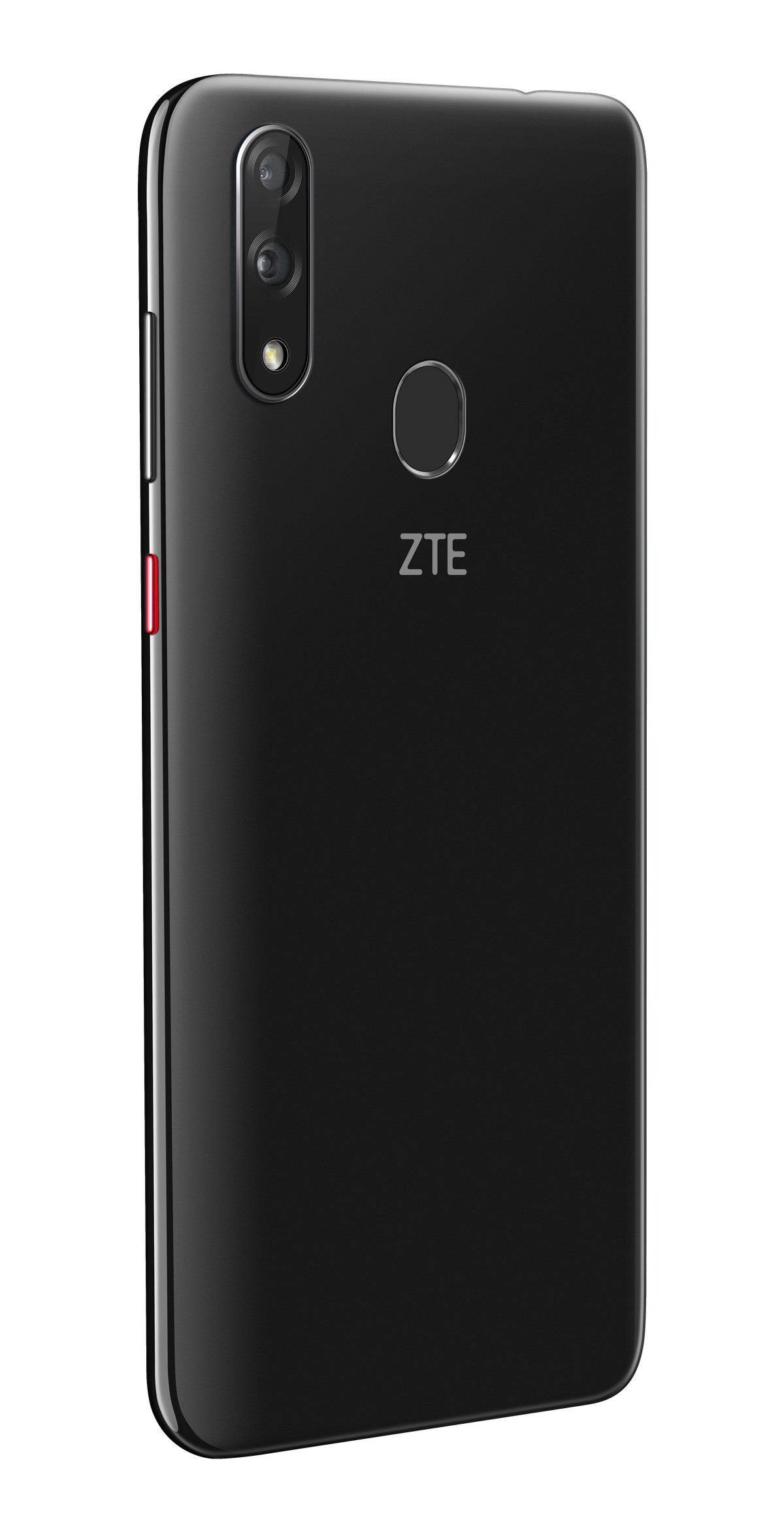 Schwarze ZTE-Telefonrückseite. Es hat Kameras, einen Fingerabdrucksensor und das ZTE-Logo.