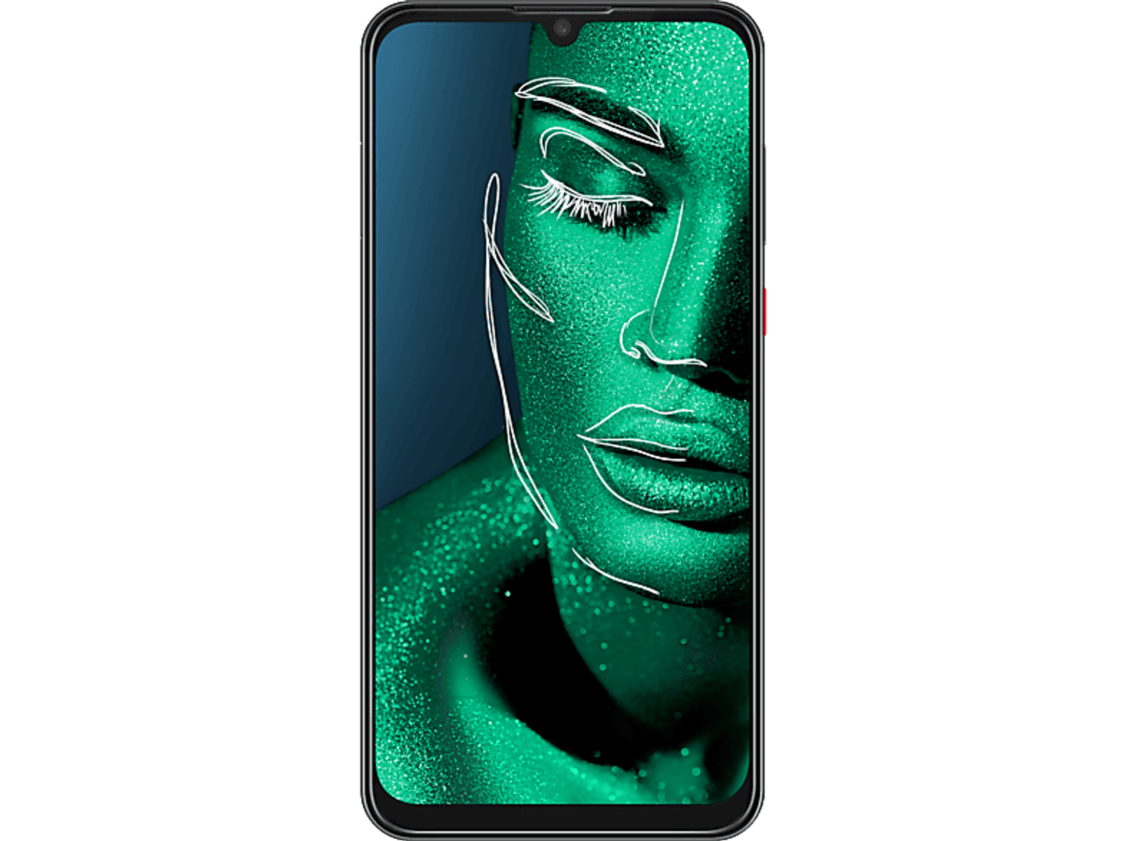 Smartphone-Bildschirm mit einer grünen Gesichtskontur auf dunkelblauem Hintergrund.