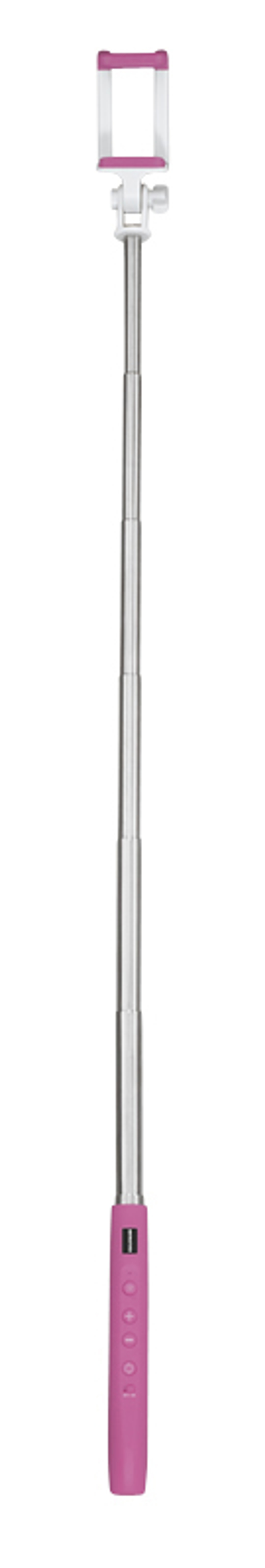Ein pinkfarbener Selfie-Stick, vollständig ausgefahren, vor weißem Hintergrund. Er hat einen Telefonhalter.