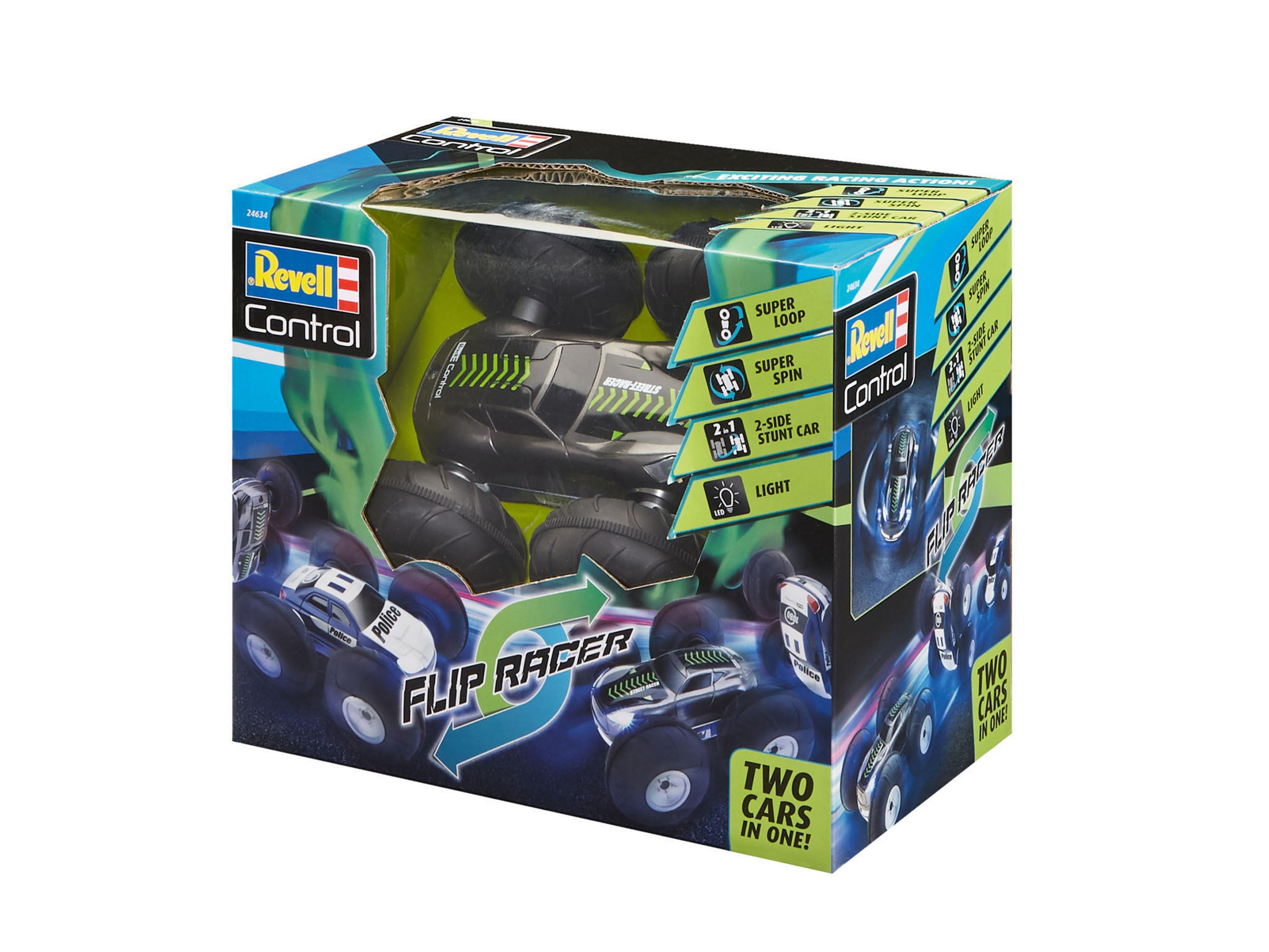Eine Revell Spielzeugauto-Box. Die Box zeigt ein schwarzes Stuntcar mit schwarzen und grünen Details.