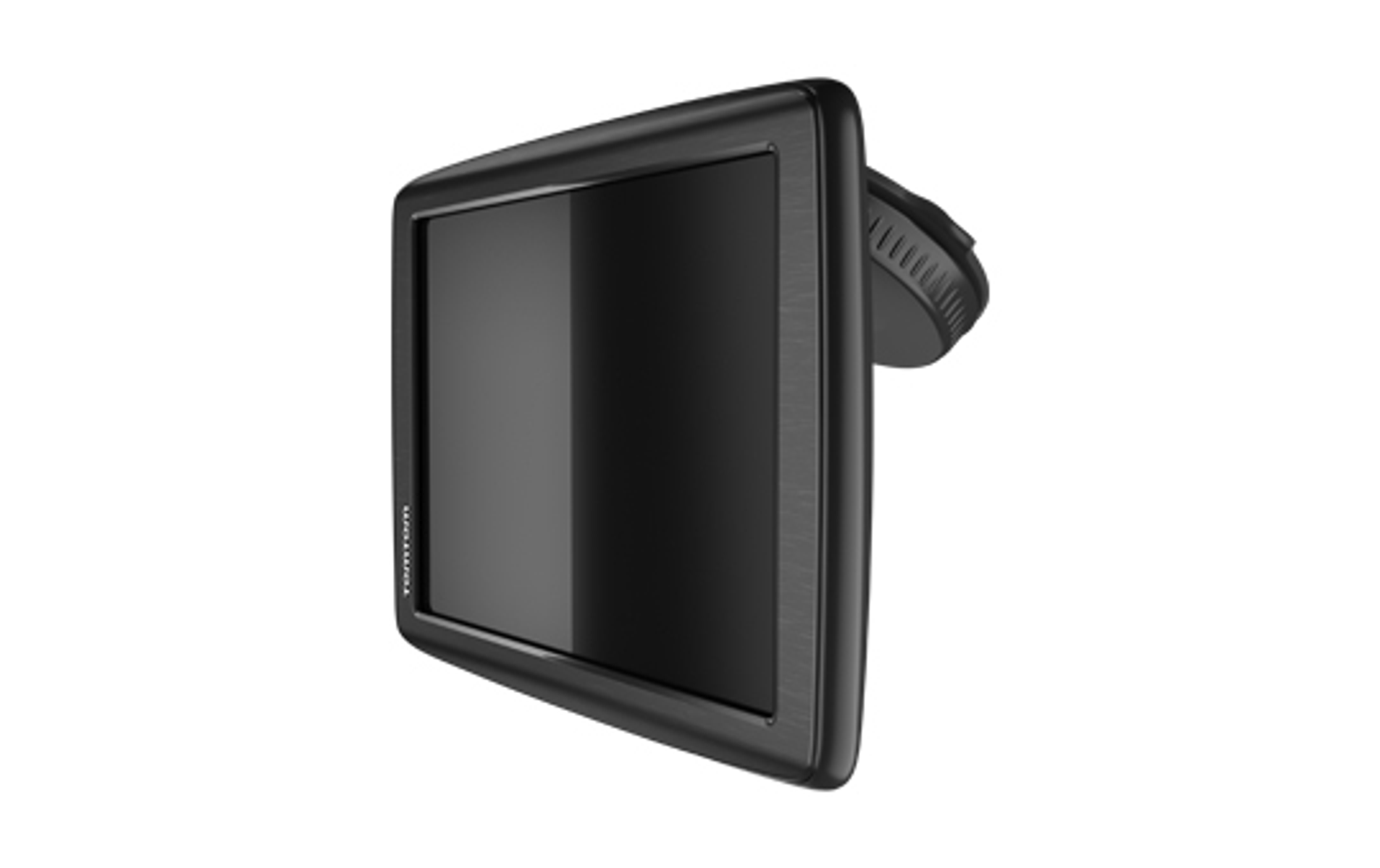 Schwarzes TomTom GPS-Gerät mit Bildschirm und Halterung, auf weißem Hintergrund, nach rechts abgewinkelt.