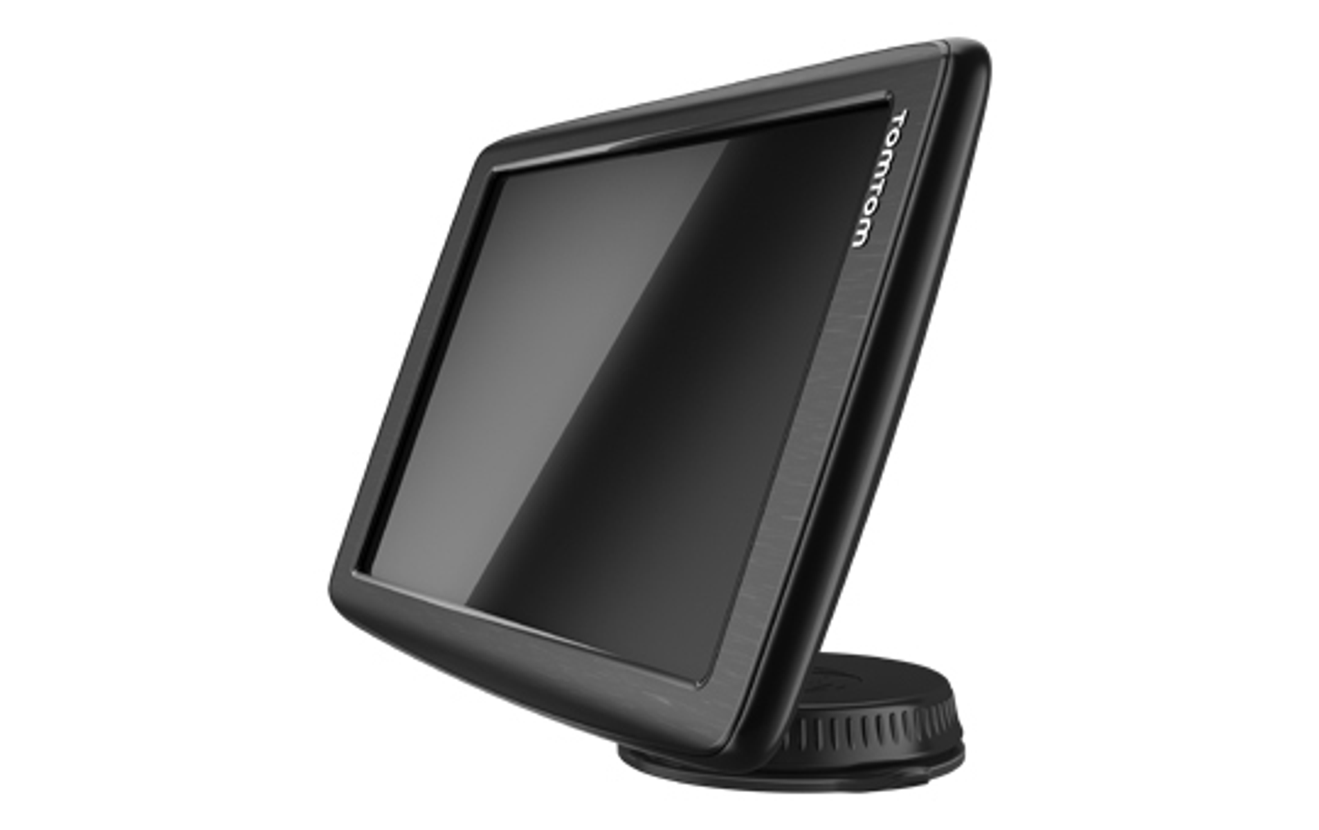 Schwarzes TomTom GPS-Gerät mit Touchscreen und Saugnapfhalterung, schräge Ansicht, weißer Hintergrund.