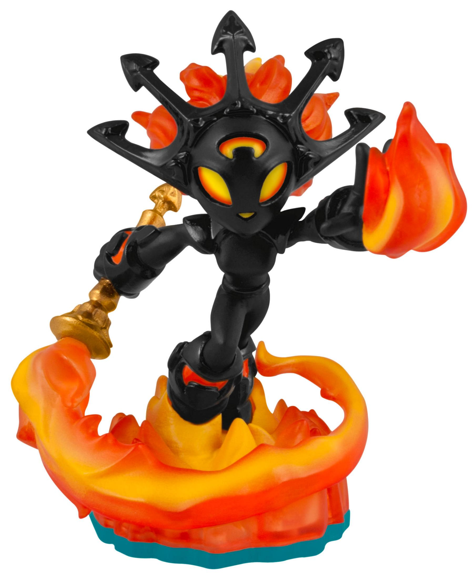 Skylanders-Figur. Schwarze und orange Figur mit Feuerelementen.