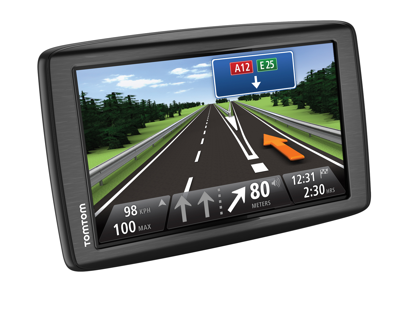 Ein TomTom GPS-Gerät, das eine Straßenkarte mit Navigationsanweisungen anzeigt, isoliert auf Weiß.