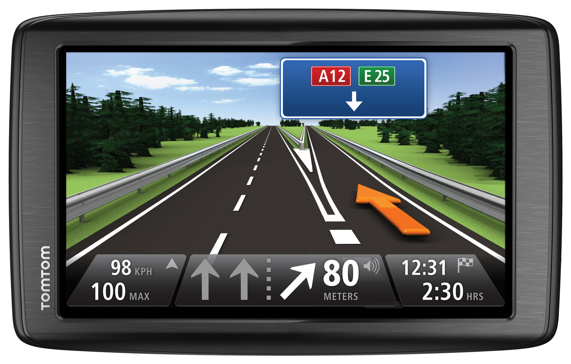 GPS-Navigationsbildschirm mit Straßenanweisungen. Der Bildschirm befindet sich in einem schwarzen Rahmen. Grüne Bäume im Hintergrund.