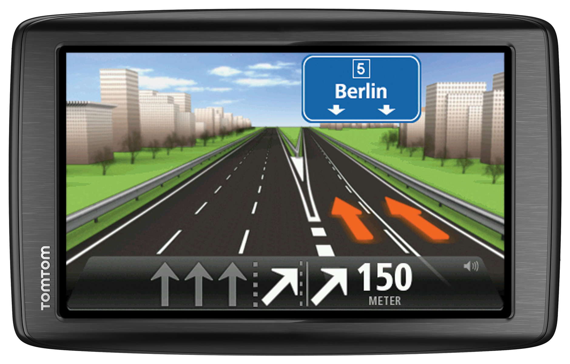Ein TomTom GPS-Navigationsgerät zeigt eine Straßenkarte mit einer Route nach Berlin.