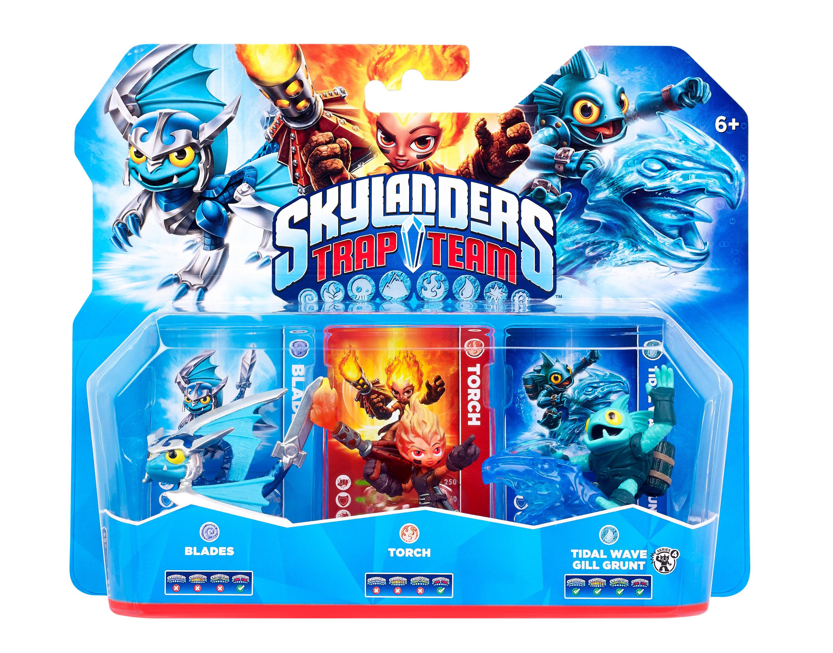 Skylanders Trap Team Spielzeugset in einer Verpackung. Drei Figuren und ein Hintergrund. Die Figuren sind in der Verpackung.