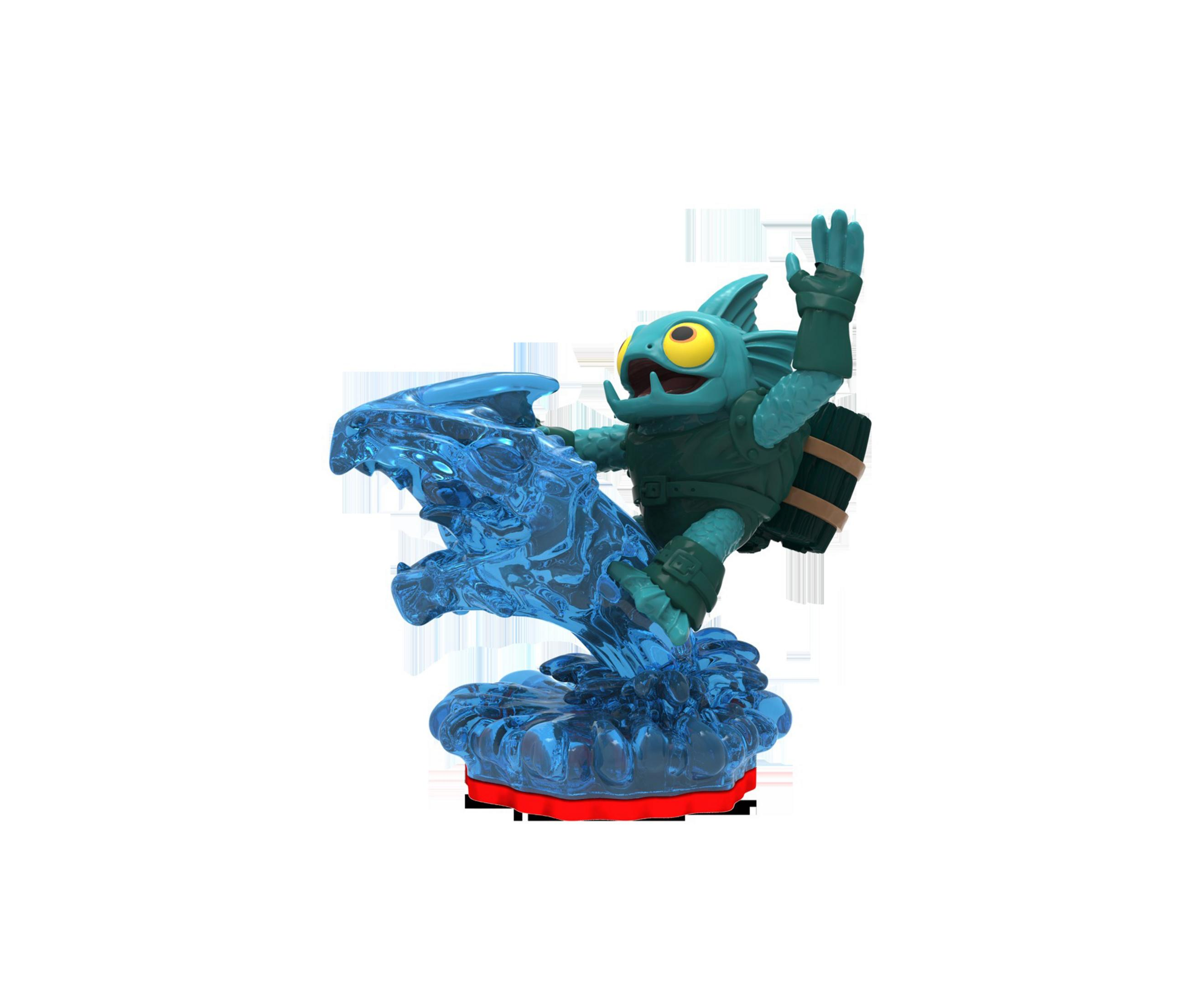Eine Skylanders-Figur eines blauen Monsters auf einer wasserartigen Plattform. Hintergrund: weiß.