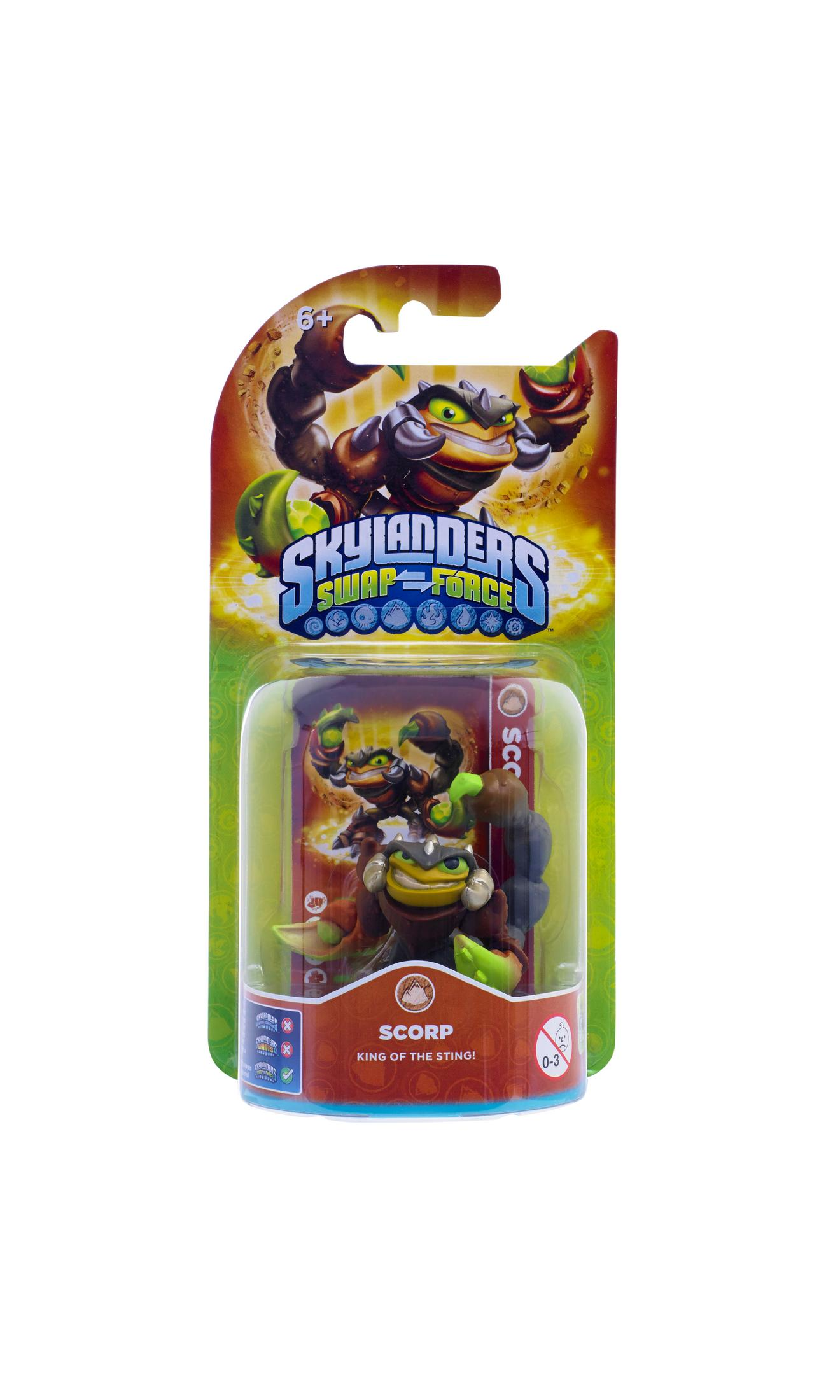 Skylanders-Spielzeugverpackung. Die Verpackung enthält eine Figur eines braunen und grünen Charakters namens Scorp.