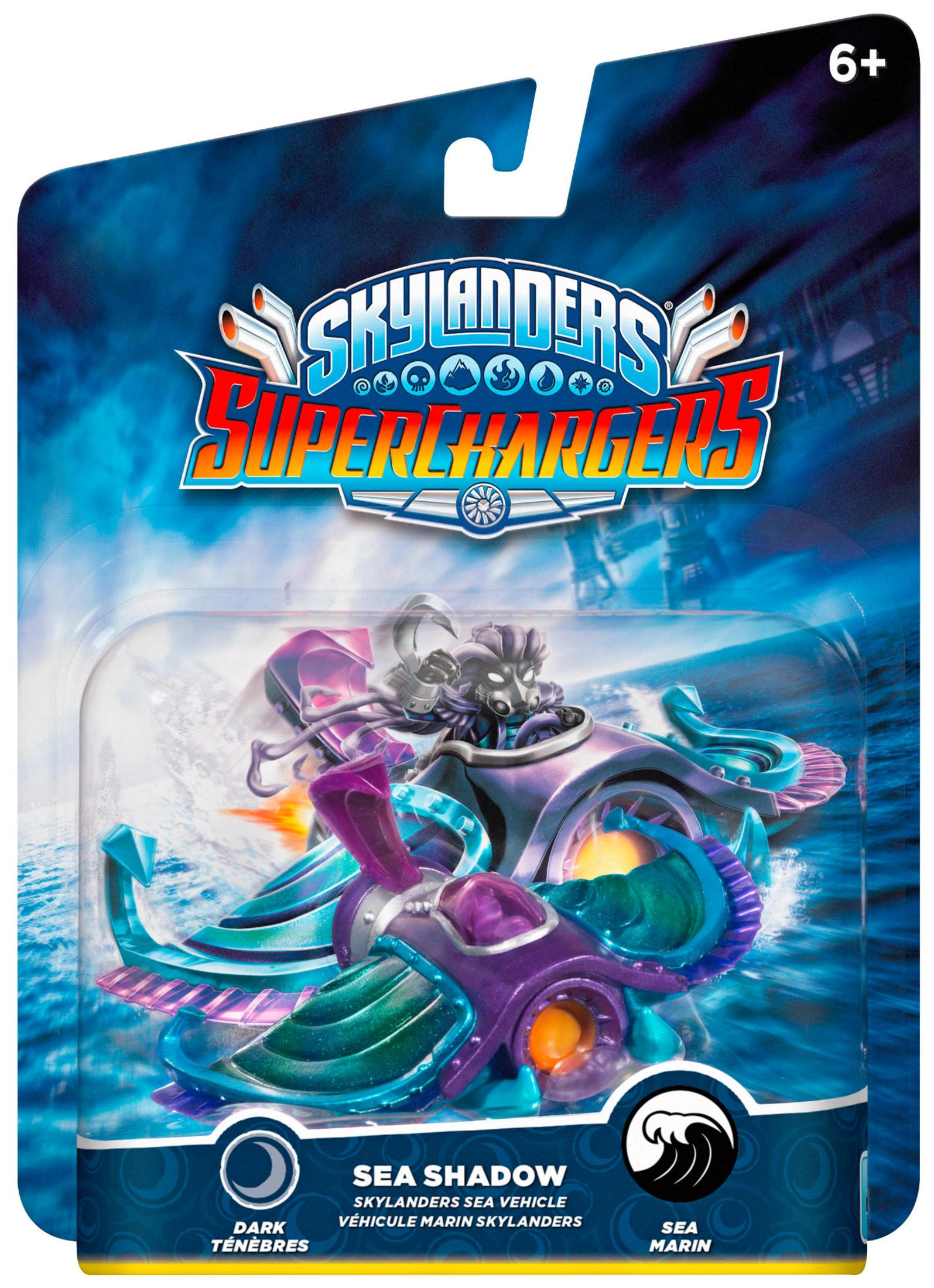 Skylanders SuperChargers Spielzeugverpackung mit Fahrzeug und Charakter. Der Hintergrund ist blau.