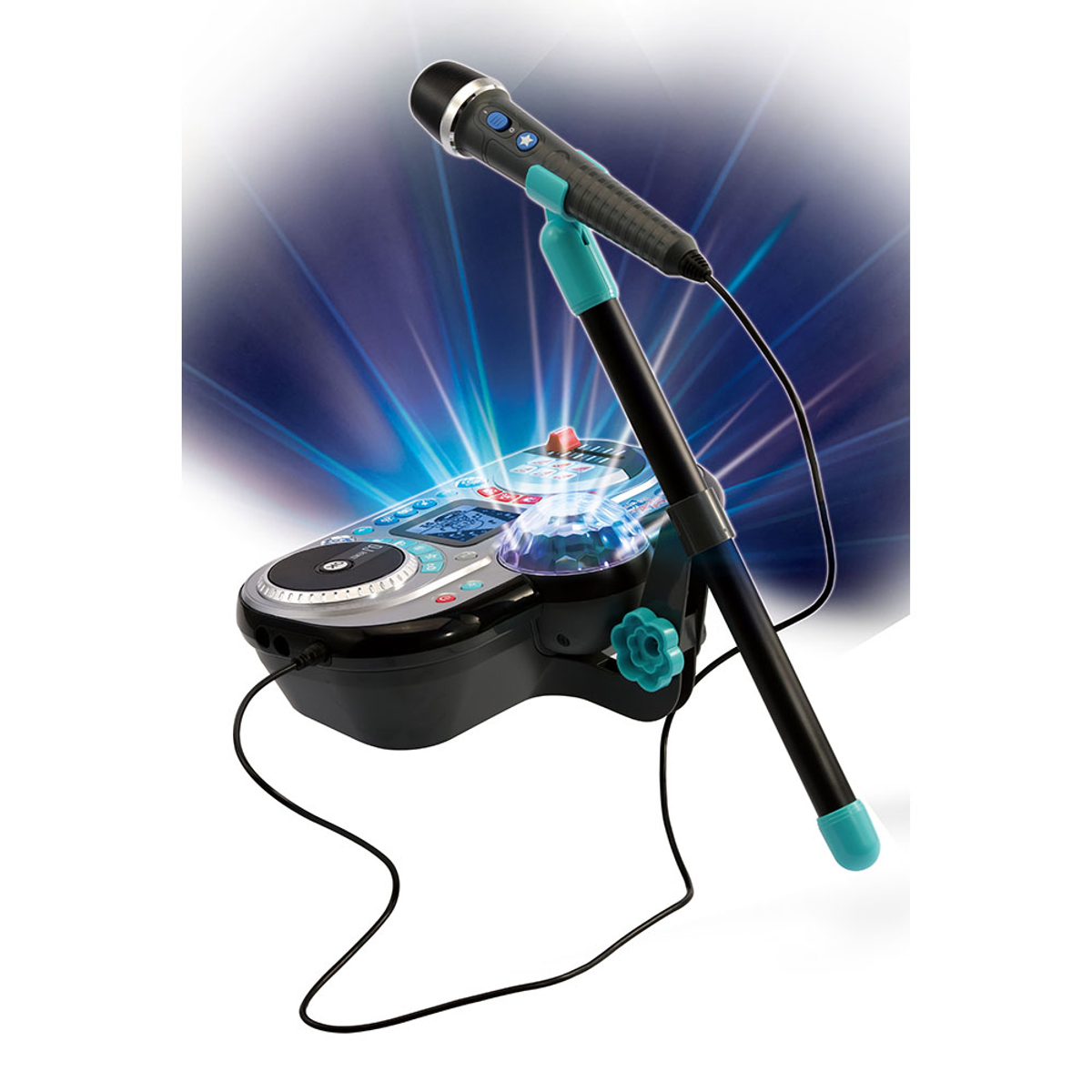 Schwarze und türkisfarbene Karaoke-Maschine mit Mikrofon.