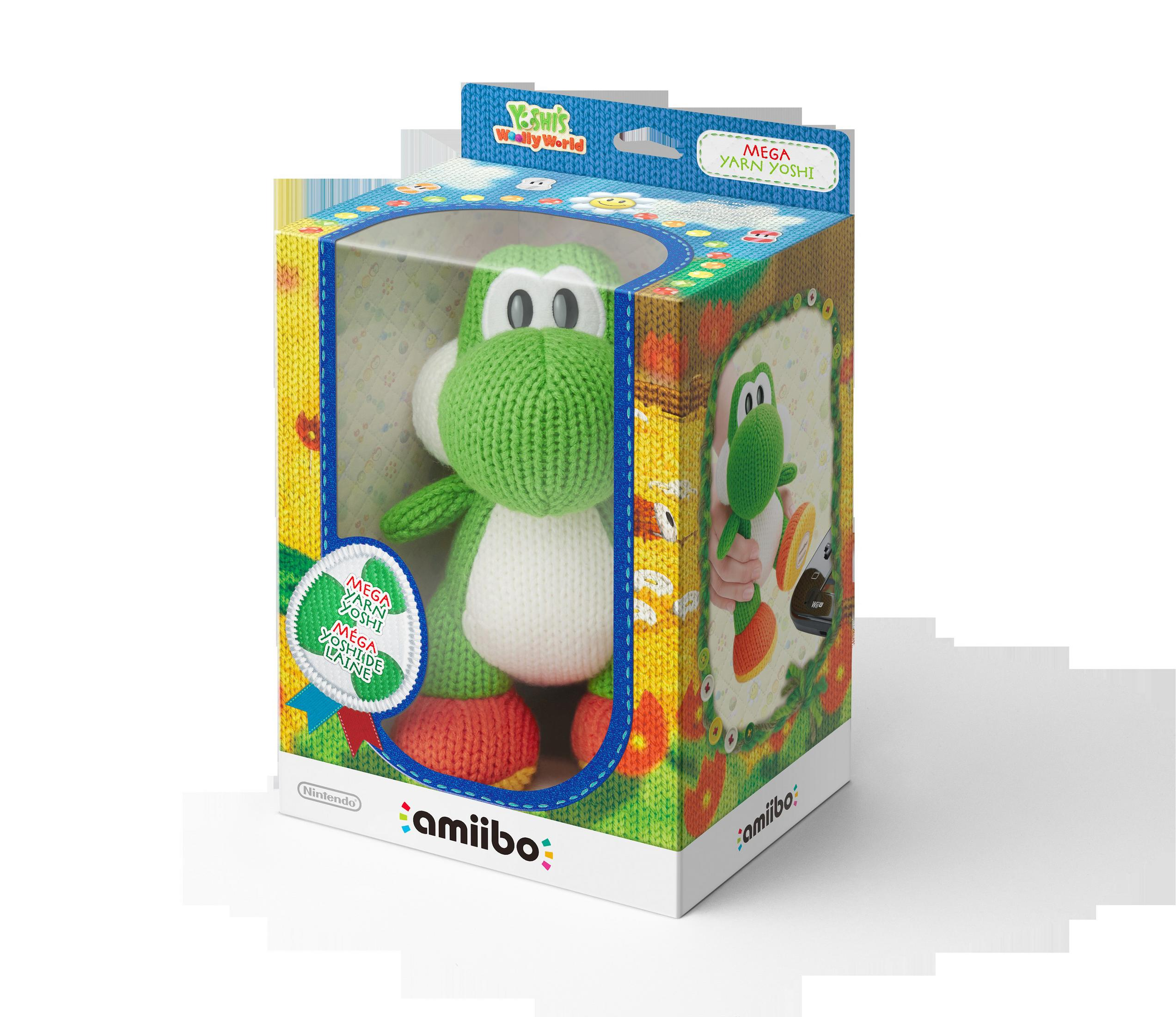Ein Yoshi-Plüschtier in einer Box, mit Box-Art, grünem Yoshi und weißem Hintergrund.