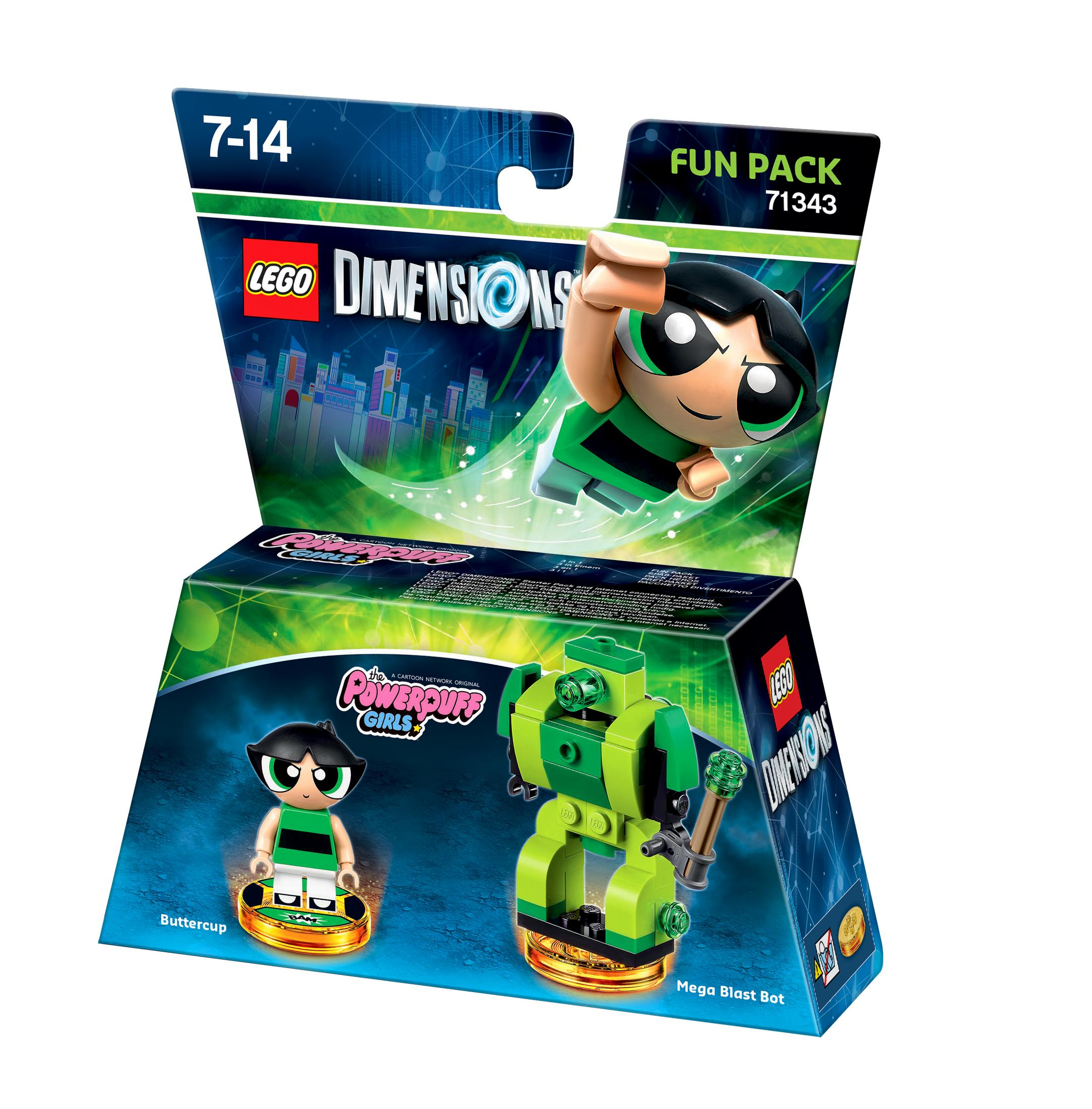 Lego Dimensions Fun Pack mit Powerpuff Girls Figuren auf weißem Hintergrund.