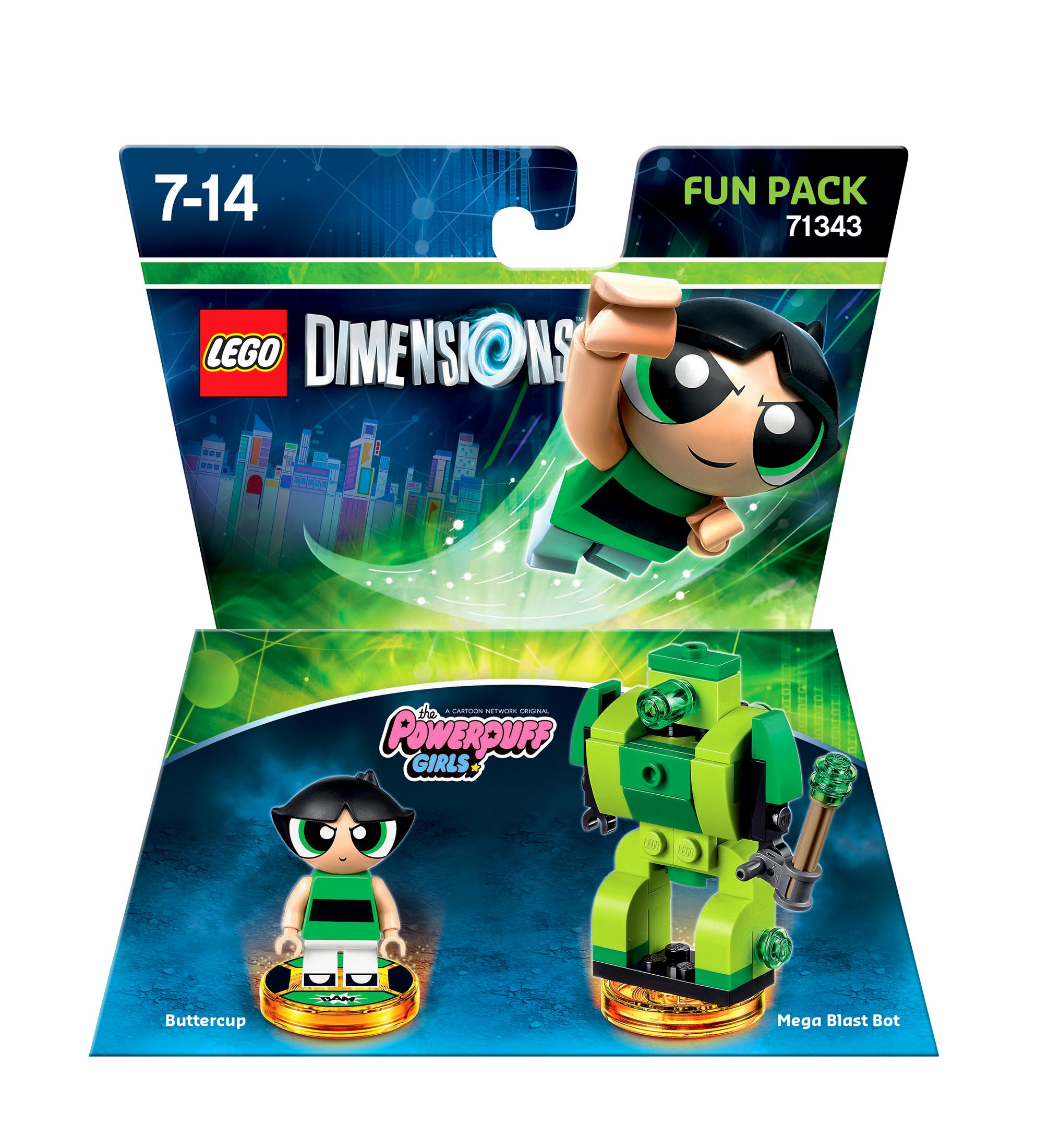 Lego Dimensions Fun Pack mit Buttercup und einem Mega Blast Bot. Die Box wird gezeigt.