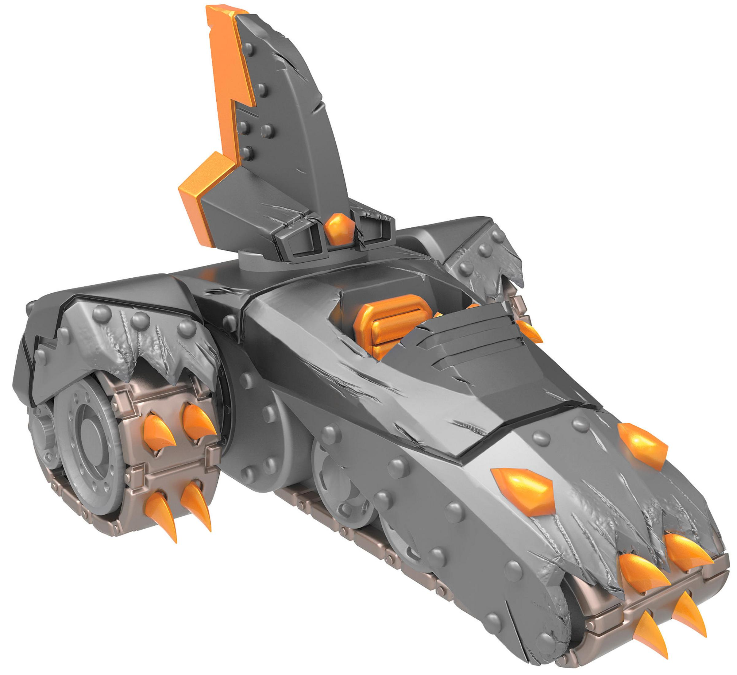 Ein Spielzeugfahrzeug mit grauer Panzerung, orangefarbenen Stacheln und Details sowie einer Frontkanone.