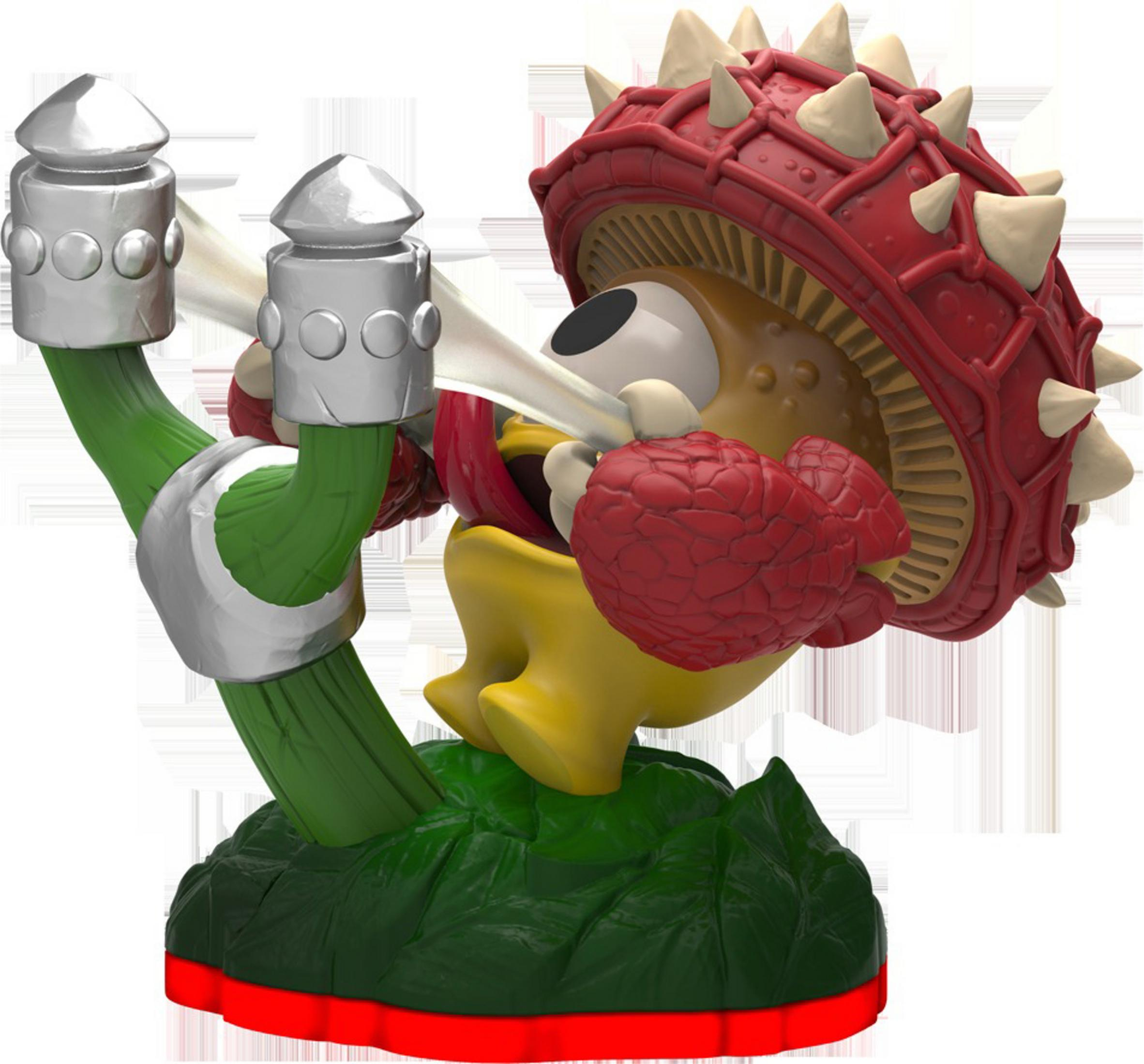 Eine Skylanders-Figur auf grüner Basis. Es ist ein pilzartiges Wesen mit roter Kappe und Handschuhen.