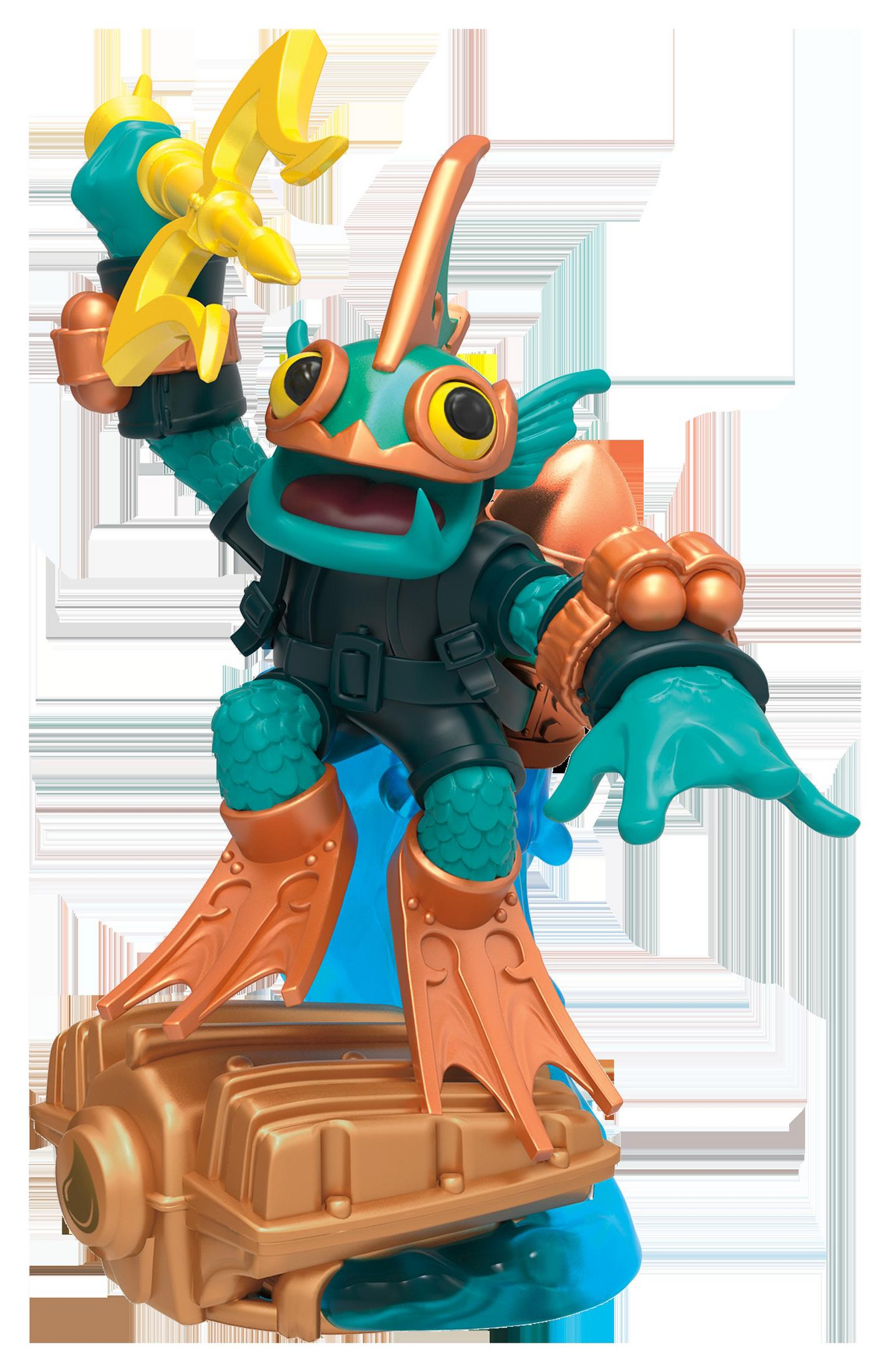 Eine türkis-, orange- und schwarzfarbene Spielfigur, die eine bananenförmige Waffe hält, auf goldenem Sockel.