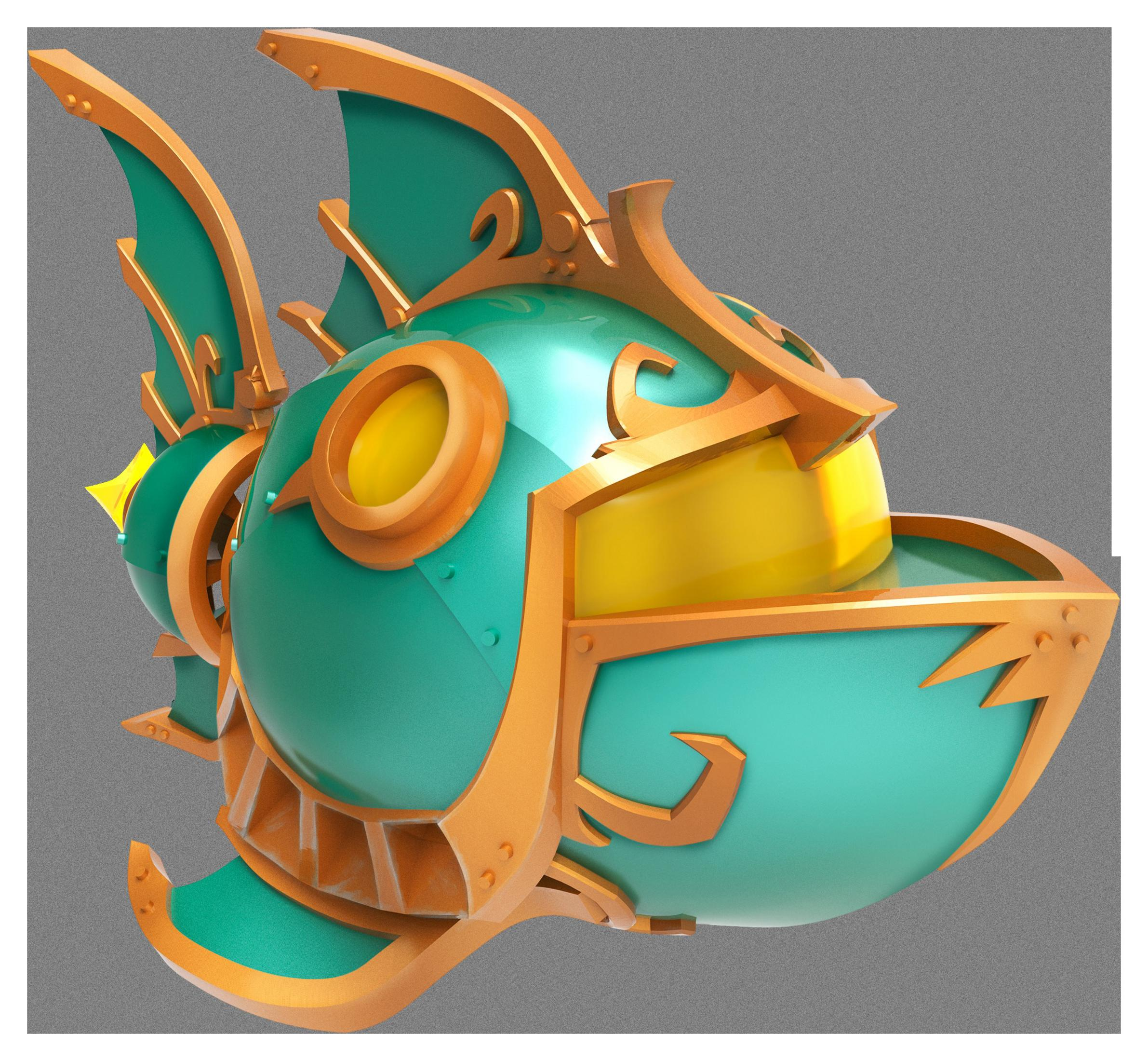 Ein teal- und goldfarbenes Steampunk-Fischgerät mit Zahnrädern, Nieten und einer gelben Kugel.