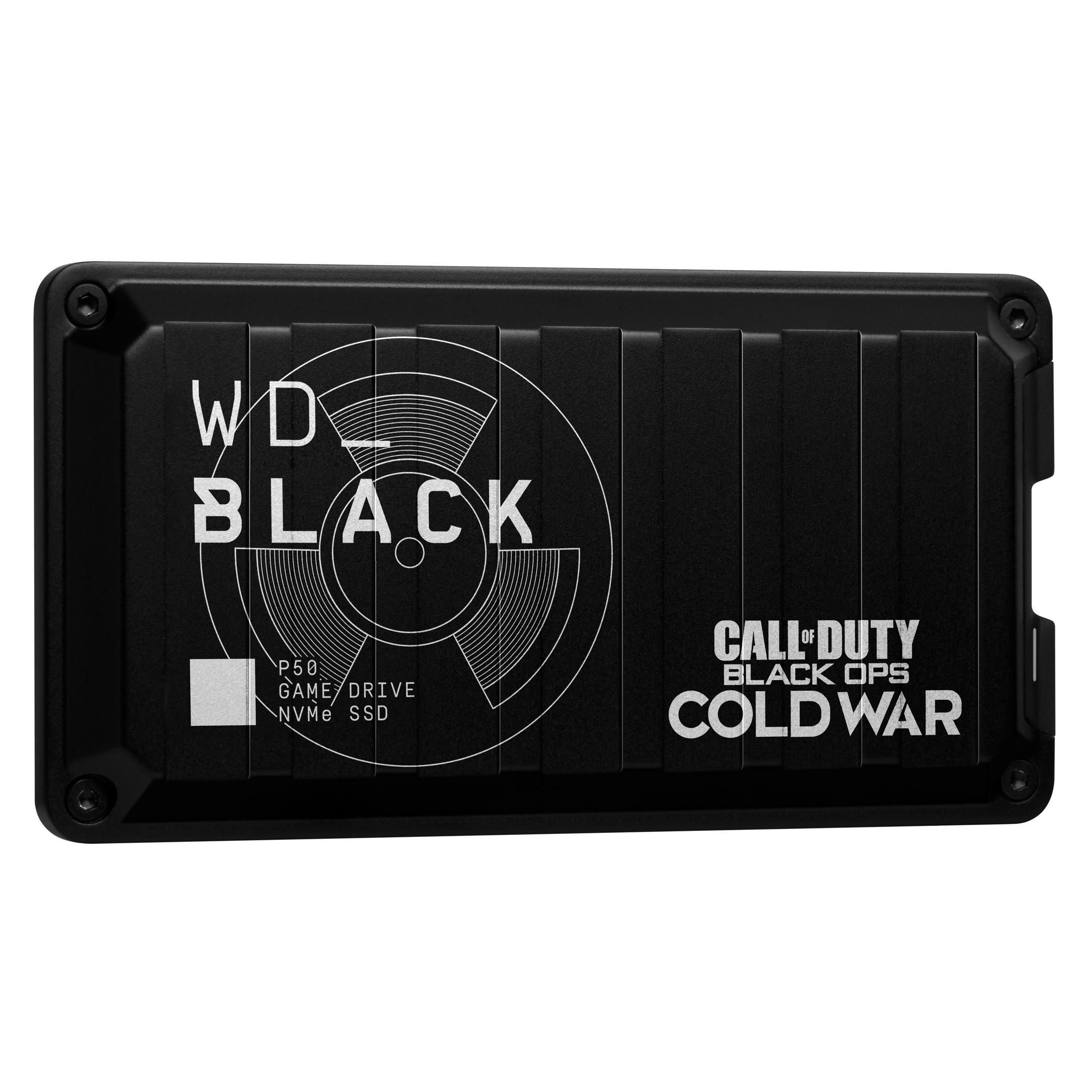 Eine schwarze externe Festplatte mit dem Text 'WD BLACK' und 'CALL OF DUTY'.