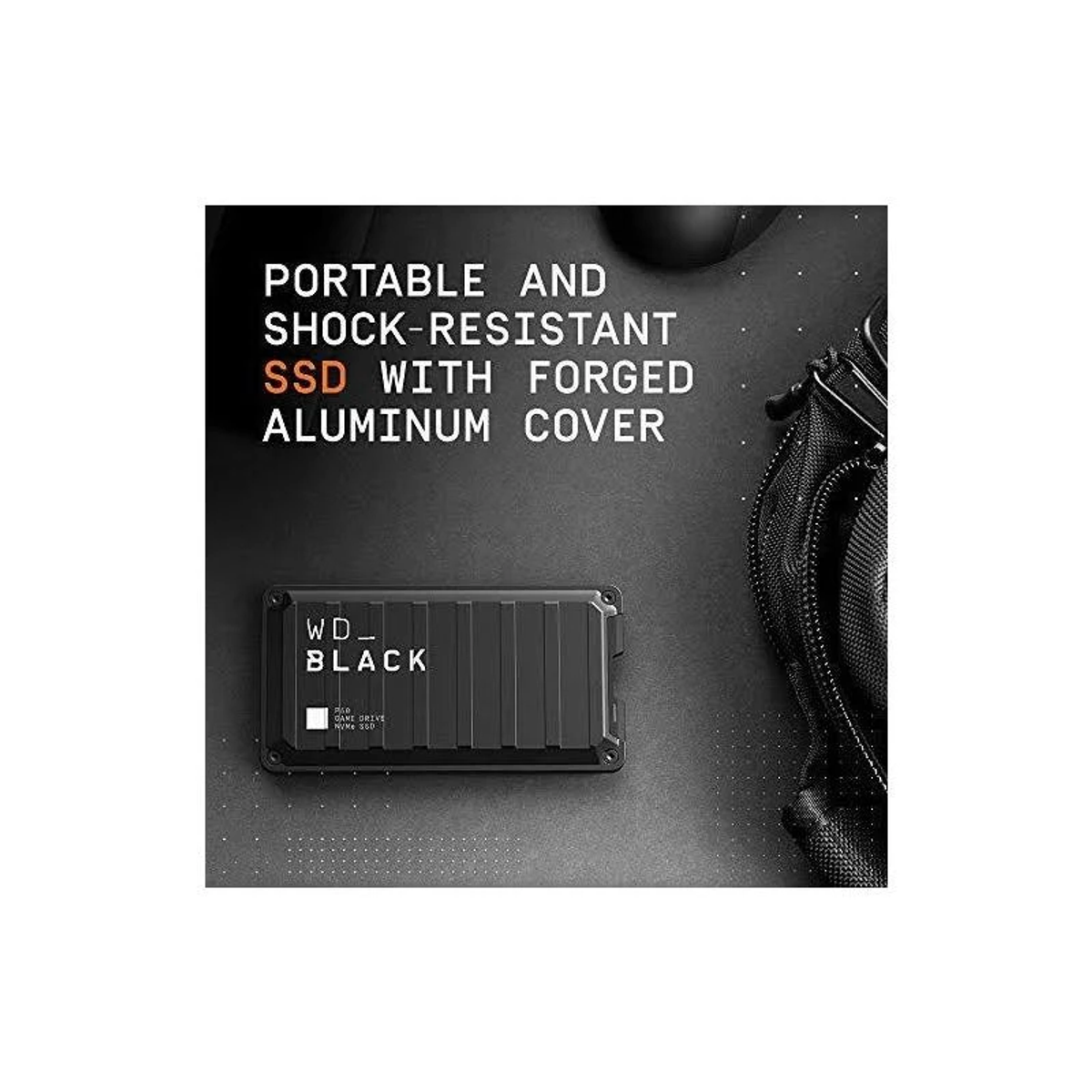 Schwarze tragbare SSD mit Text. Sagt "Portable and Shock-Resistant SSD with Forged Aluminum Cover".
