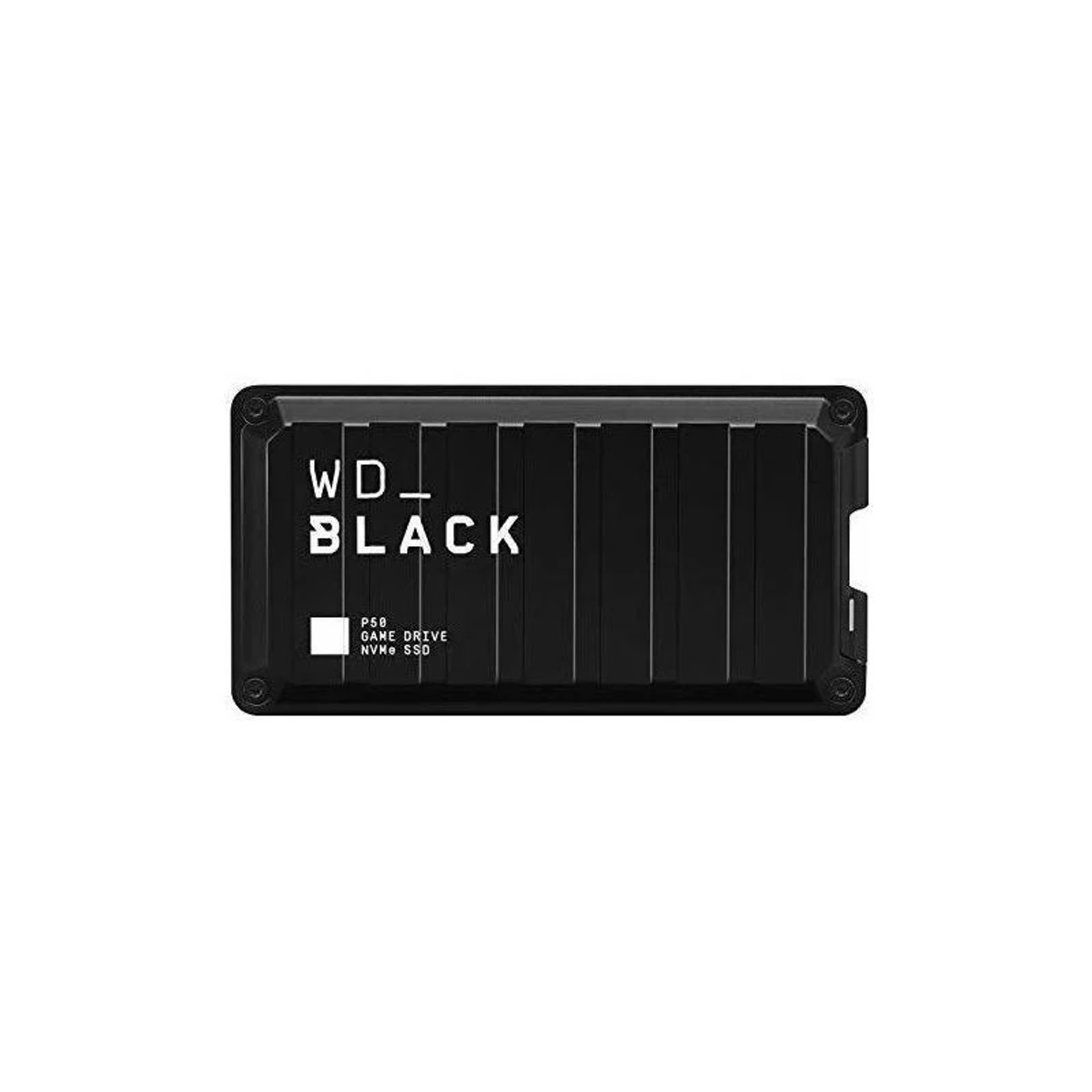 Schwarze WD_BLACK NVMe SSD auf weißem Hintergrund. Das Laufwerk ist rechteckig.