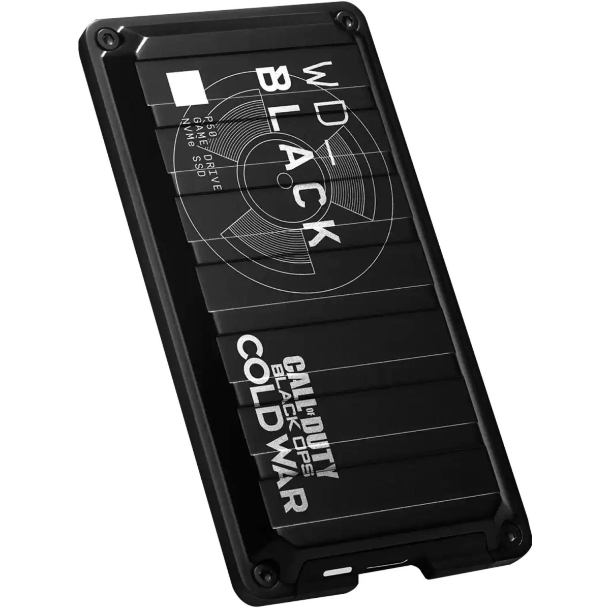 Schwarze tragbare SSD mit weißem WD BLACK-Logo und Call of Duty: Black Ops Cold War Branding.