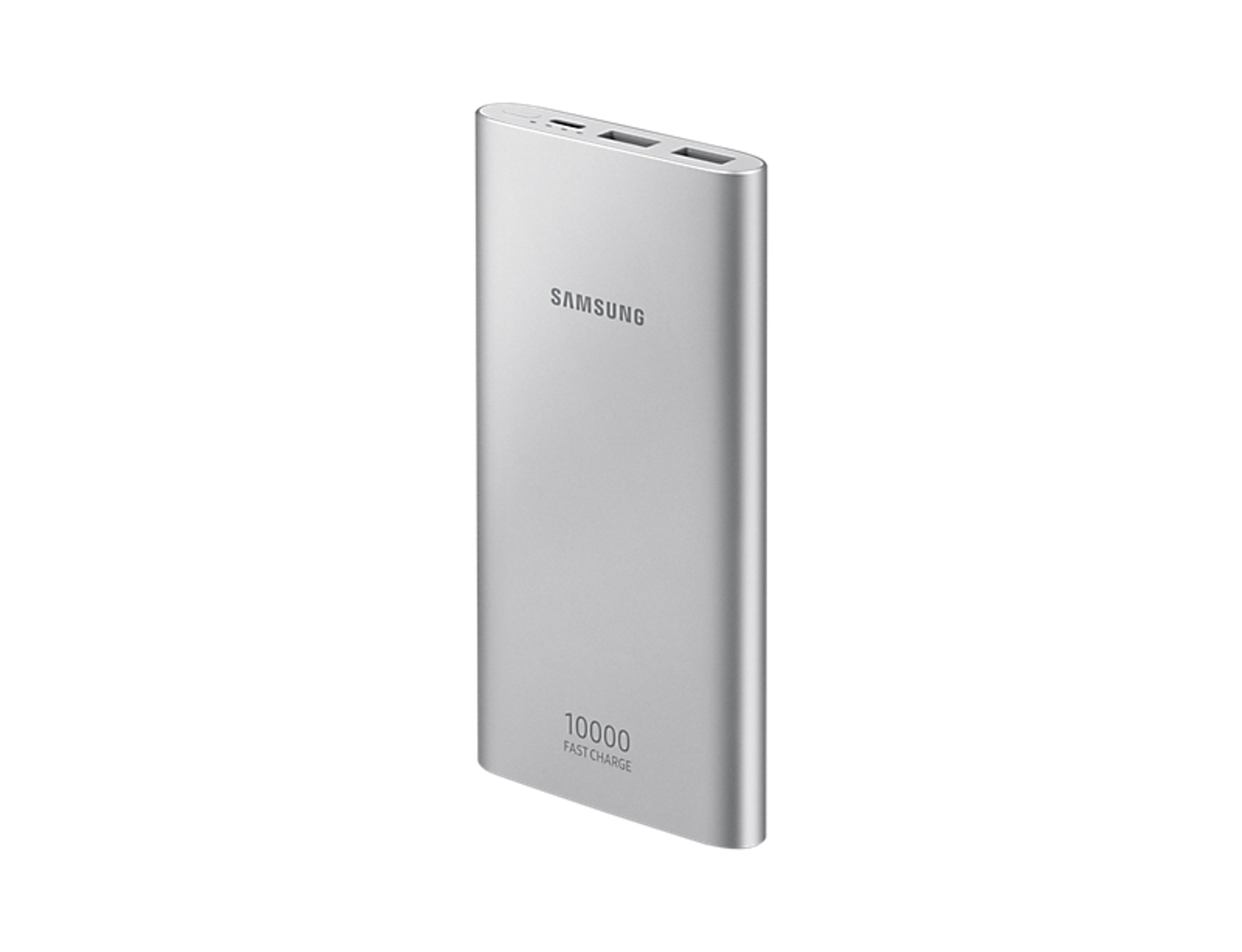 Silberne Samsung Powerbank mit Aufdruck '10000 FAST CHARGE' auf weißem Hintergrund.