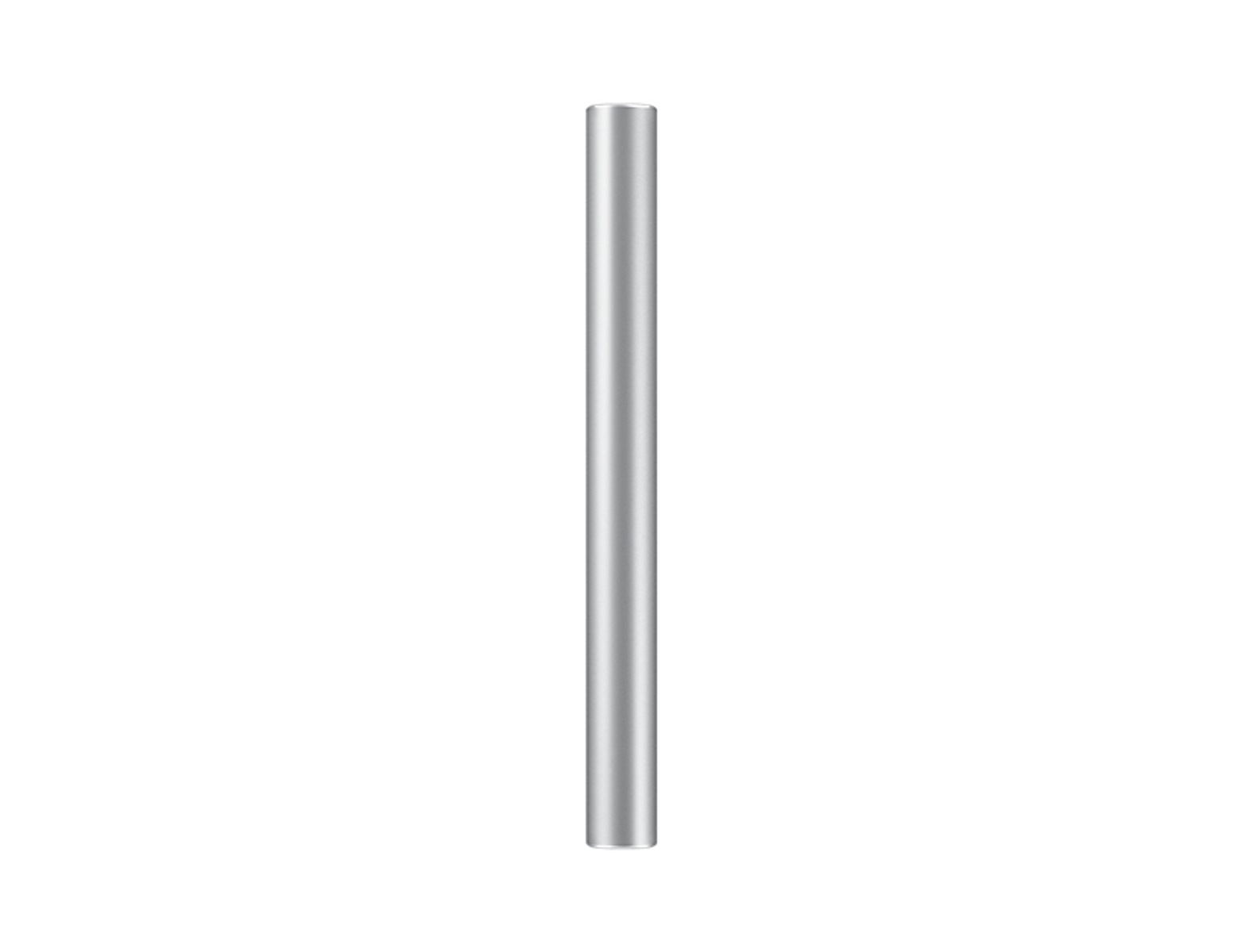 Silbernes, zylindrisches Objekt vor weißem Hintergrund. Einfaches und minimalistisches Design.