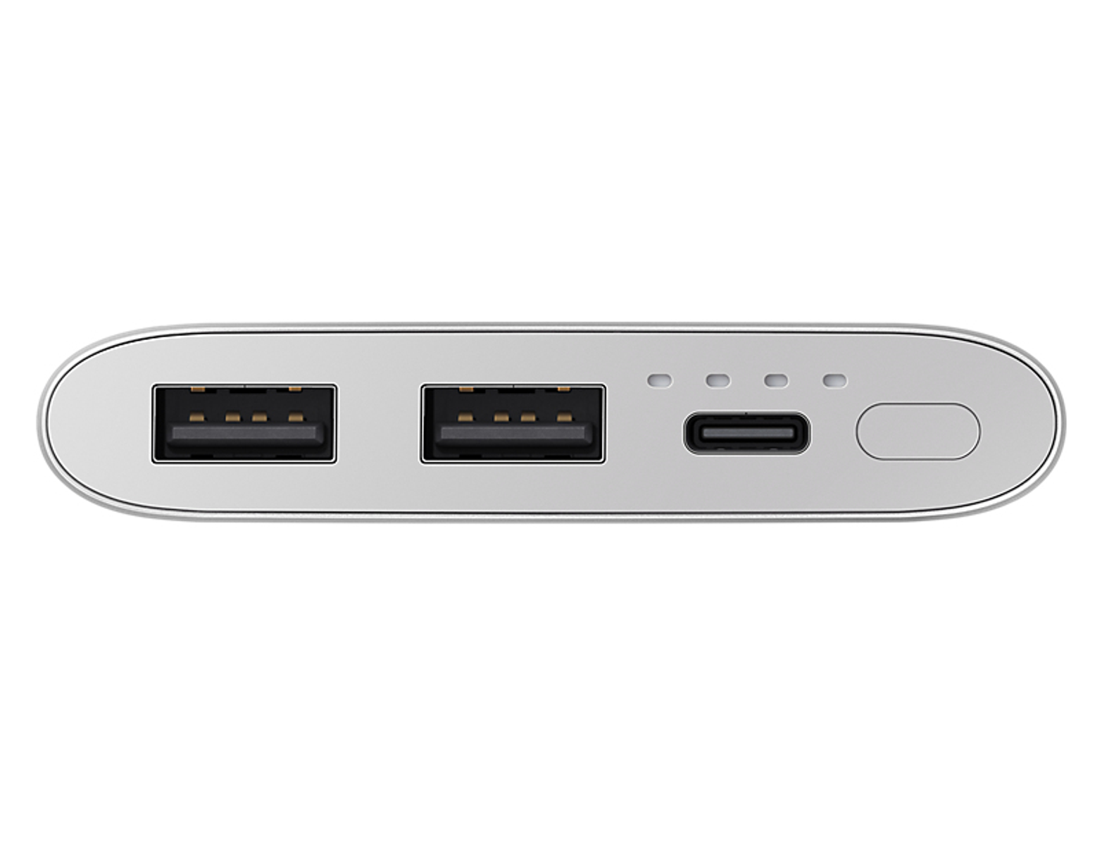 Une batterie externe argentée avec deux ports USB, un port USB-C et un bouton d'alimentation.