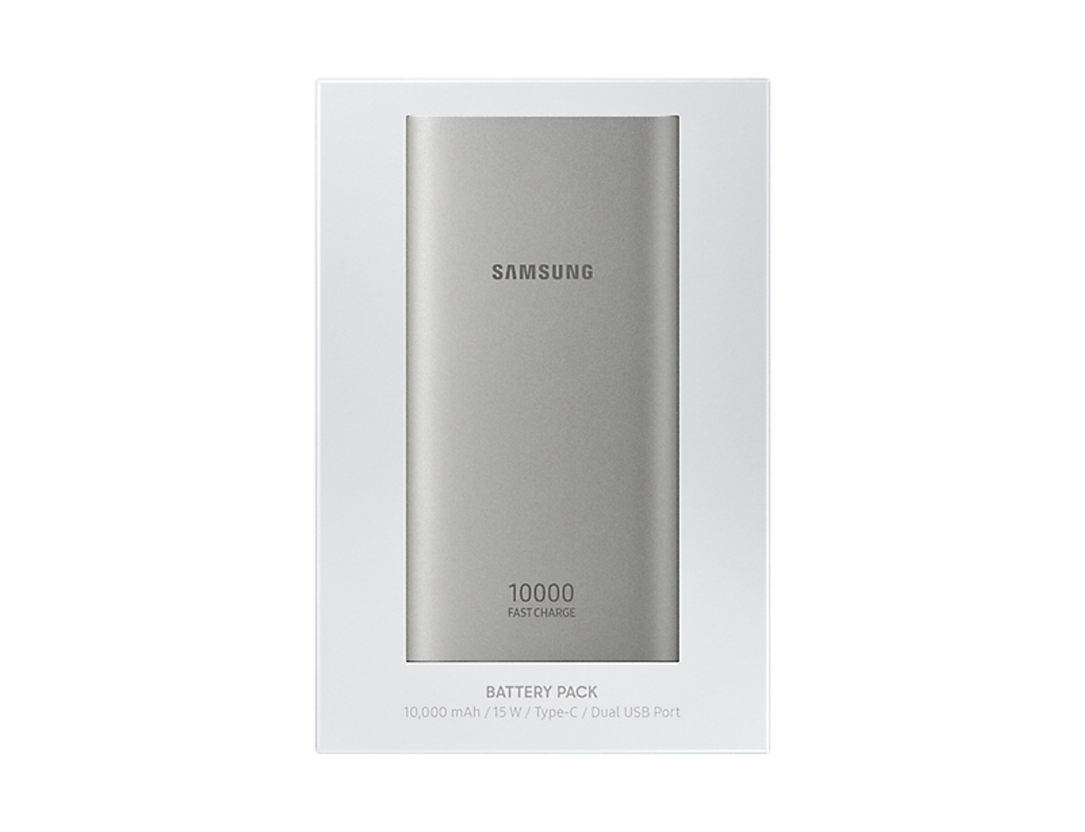 Batterie externe Samsung argentée dans son emballage. Texte et design sur la boîte. Arrière-plan : blanc.