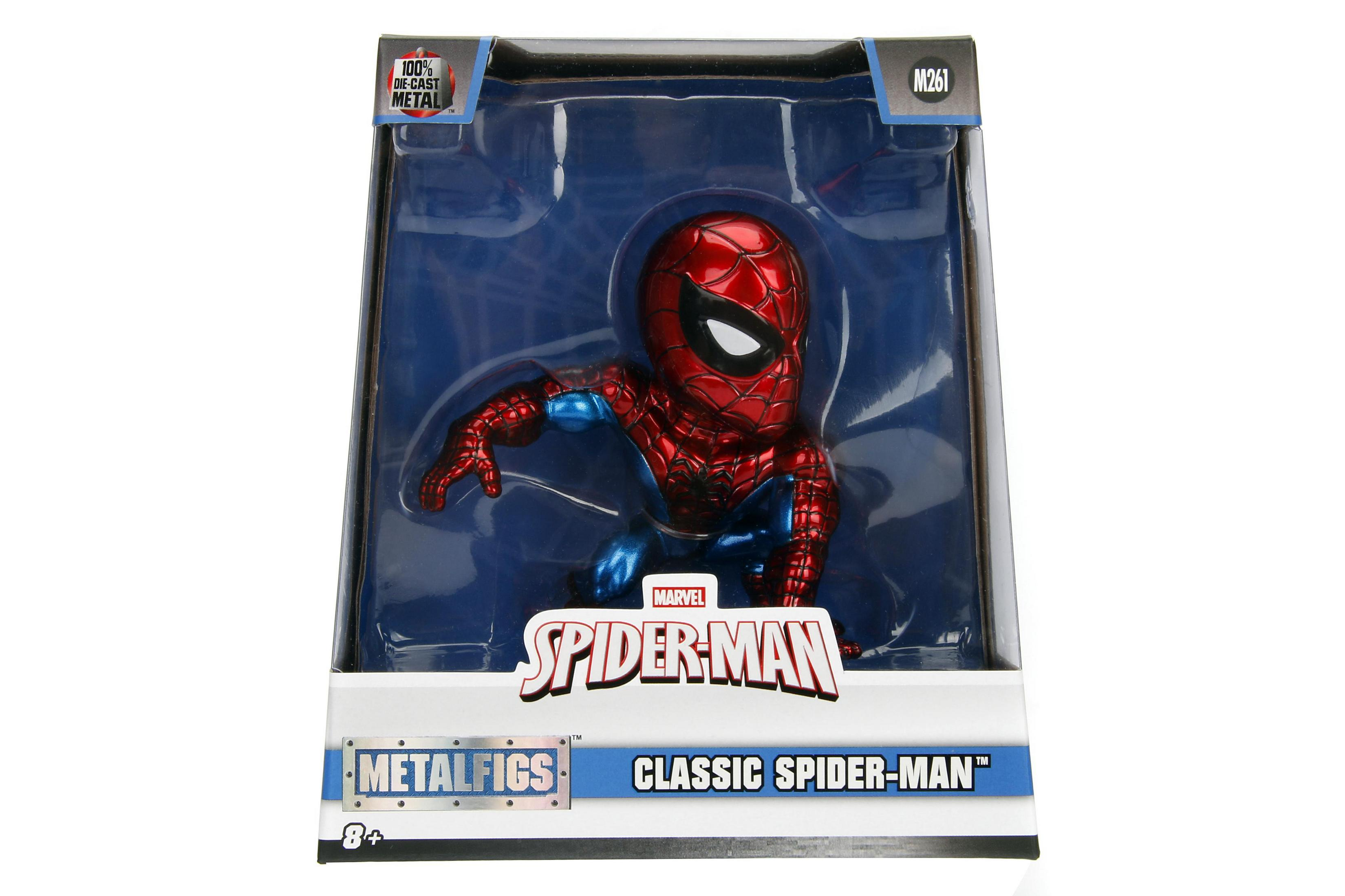 Spider-Man-Figur in einer Box. Es ist ein metallisches Spider-Man-Spielzeug. Die Box sagt 'Classic Spider-Man'.