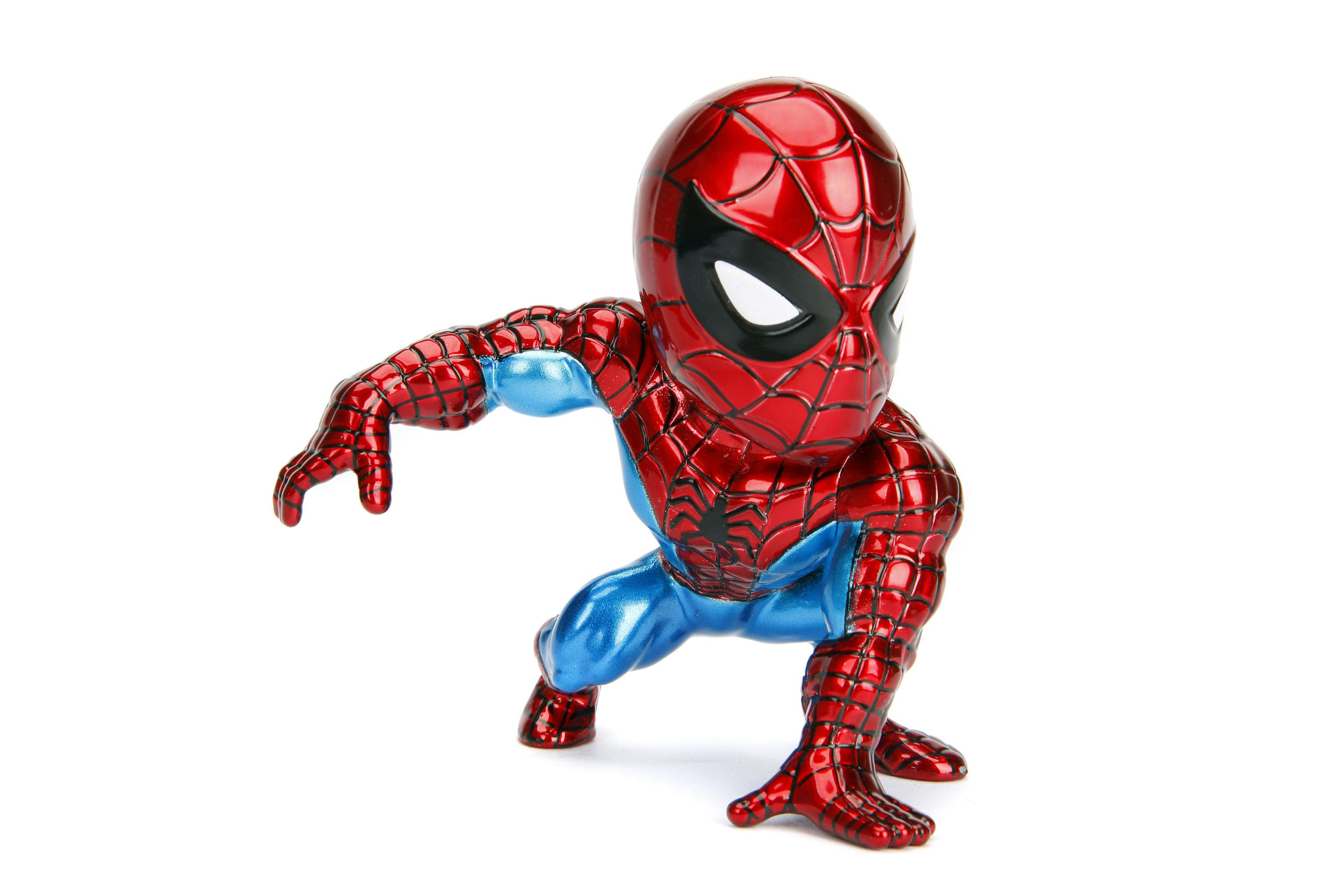 Spider-Man-Figur in hockender Pose auf weißem Grund, rote und blaue Farben.