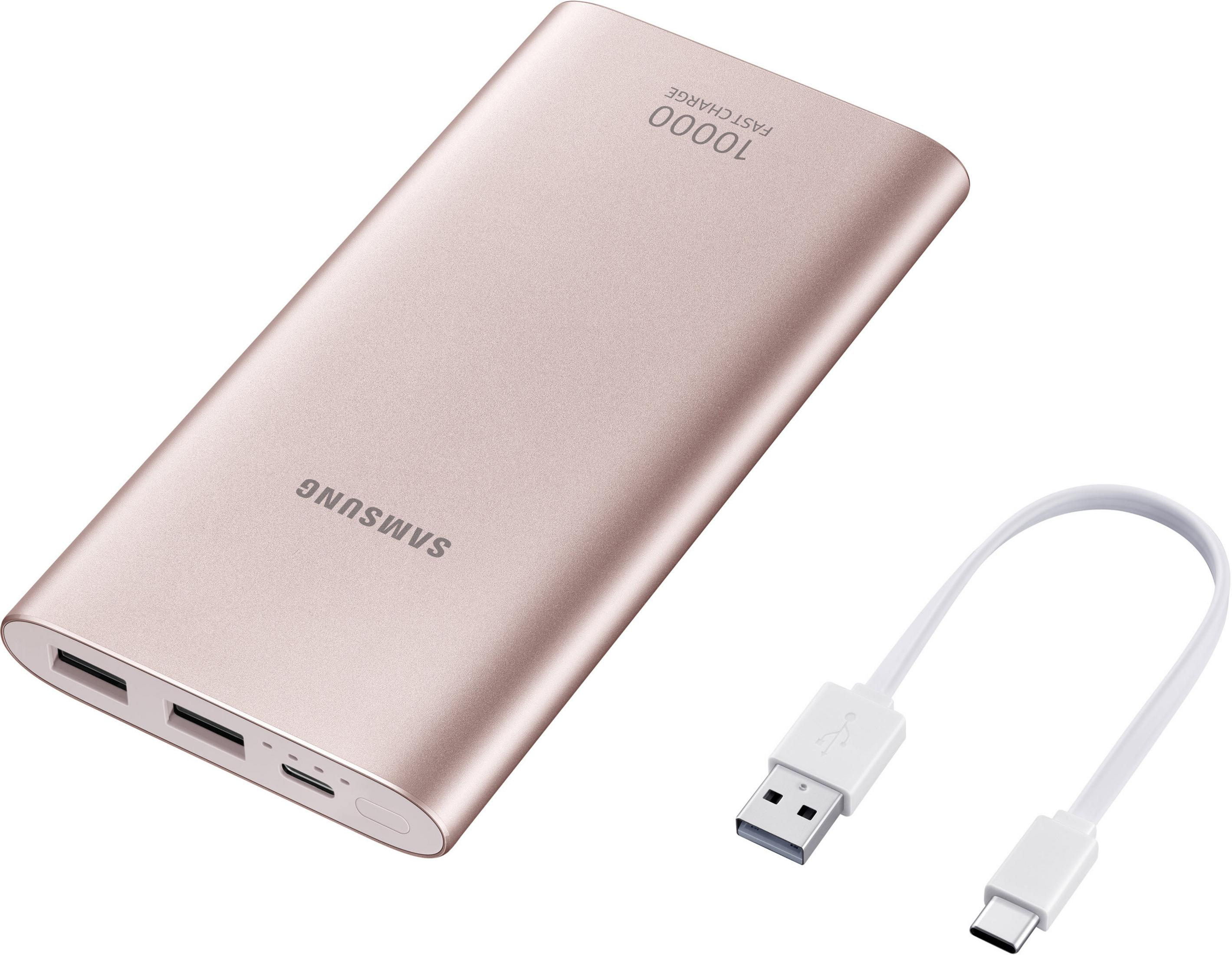 Une batterie externe or rose et un câble USB blanc.