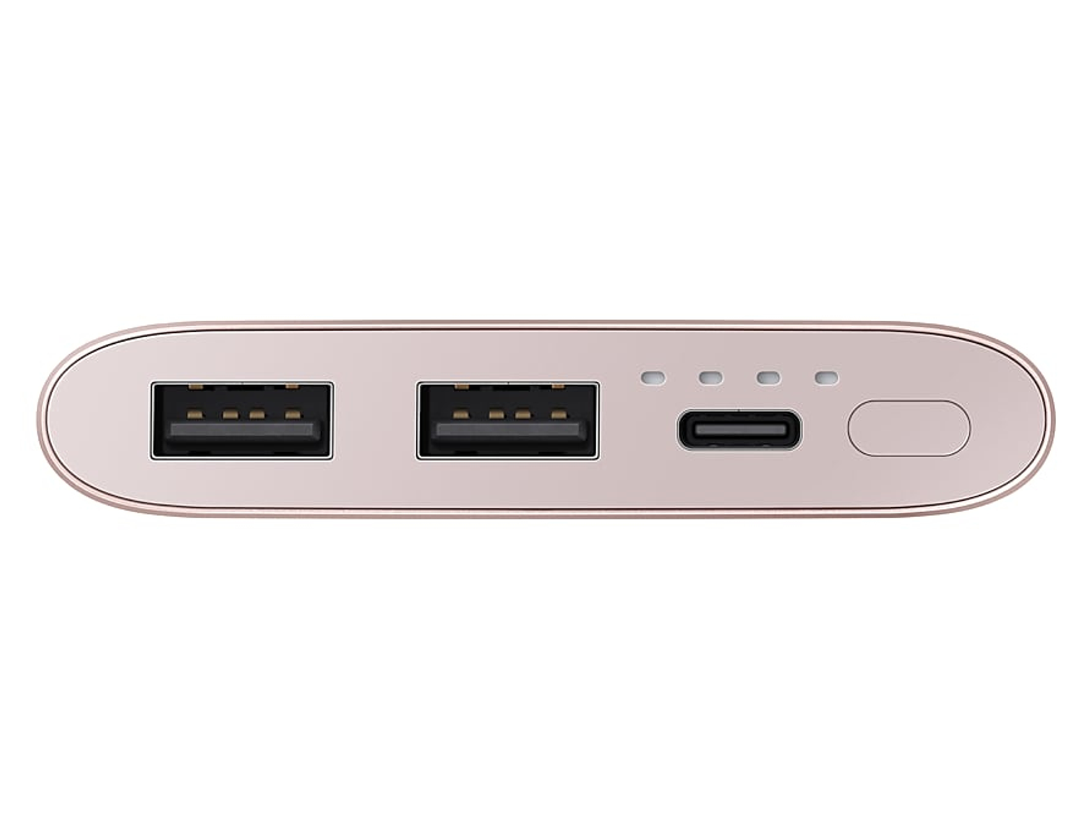 Batterie externe or rose avec ports USB. Fond blanc.
