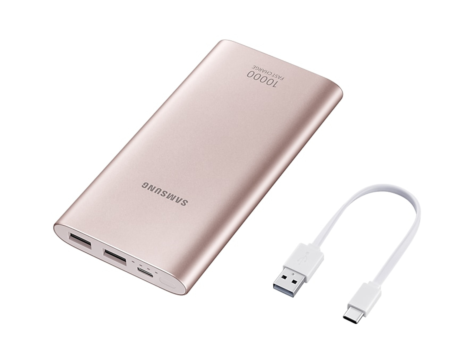 Une batterie externe dorée avec un câble de charge.