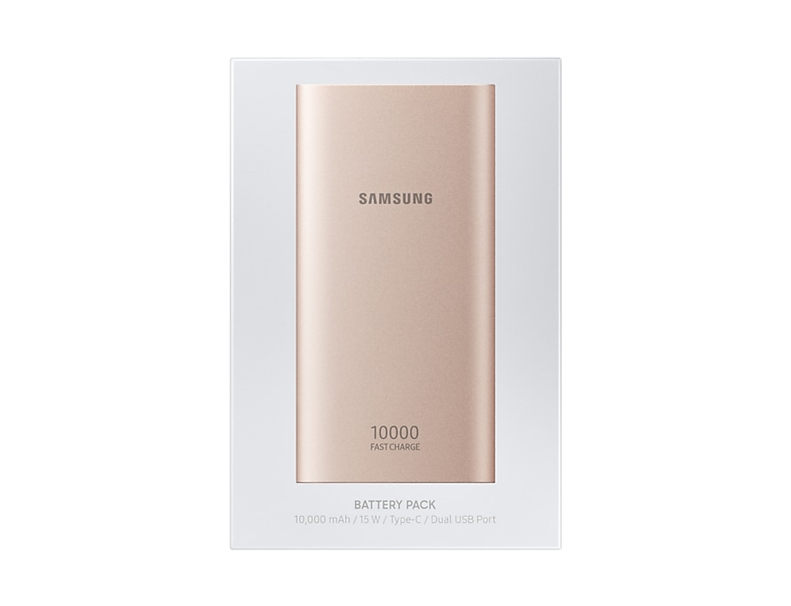 Batterie externe dorée dans une boîte blanche. Texte : Samsung 10000mAh, charge rapide. Fond blanc.