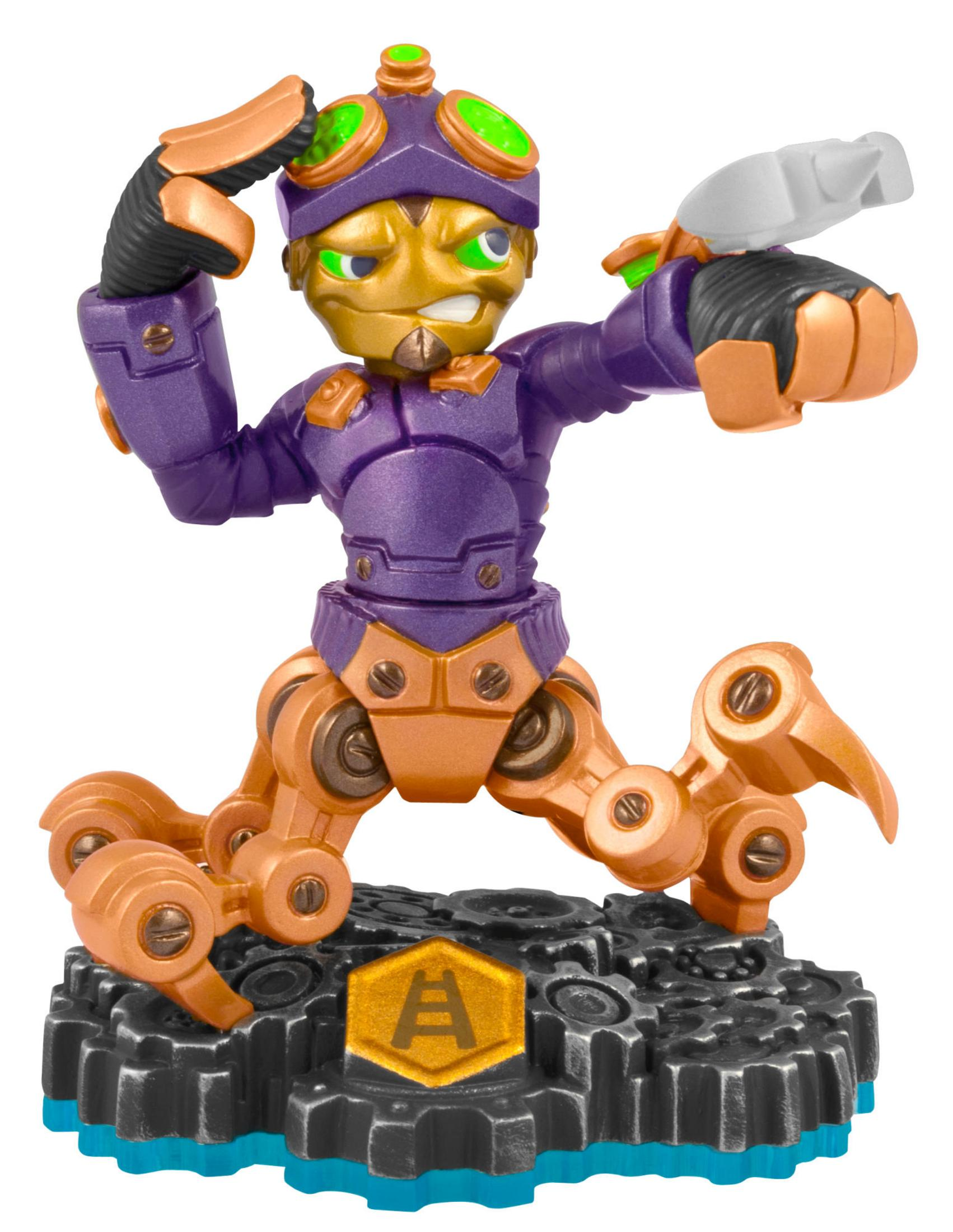 Eine Skylander-Figur in Action-Pose. Es ist eine roboterartige Figur mit orangefarbenen und lila Farben und einem Sockel.