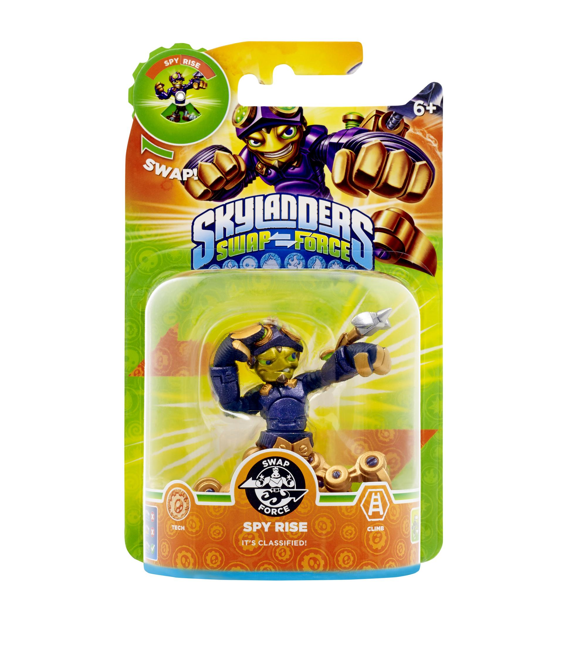 Skylanders Spy Rise Actionfigur in einer Plastikverpackung. Die Figur ist blau, gold und schwarz.
